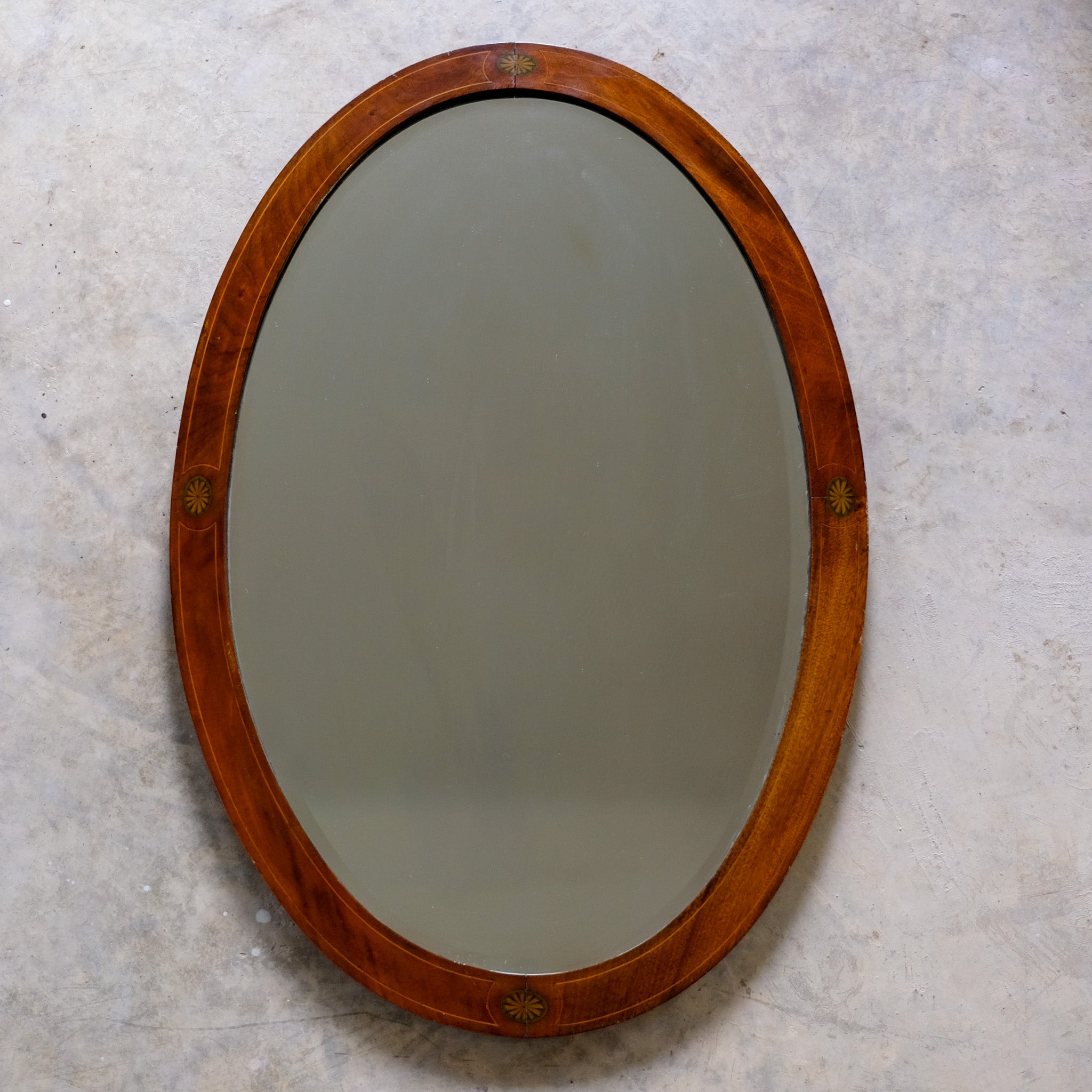 LARGE EDWARDIAN OVAL INLAID MAHOGANY MIRROR