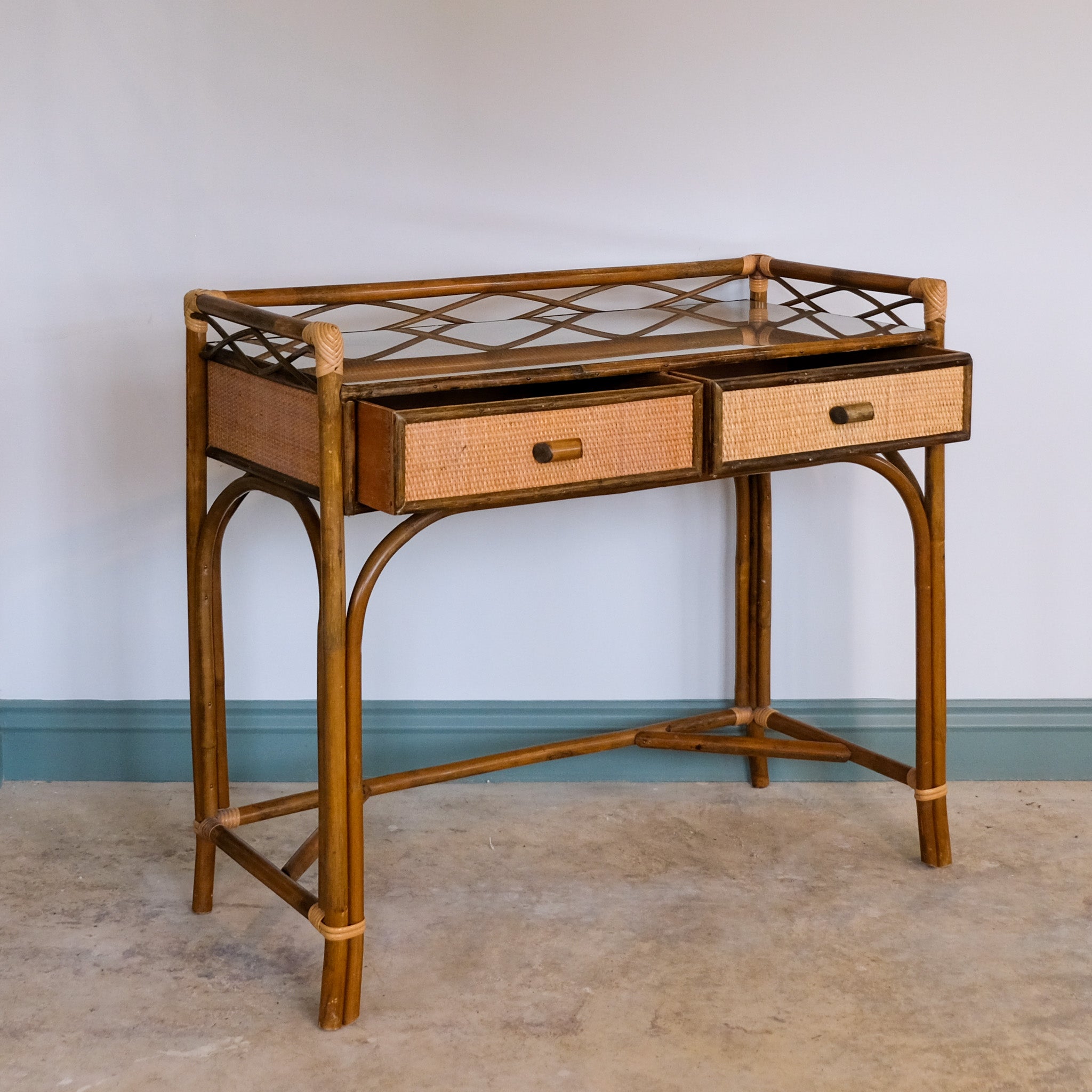 VINTAGE CANE AND BAMBOO DRESSING TABLE / SMALL DESK