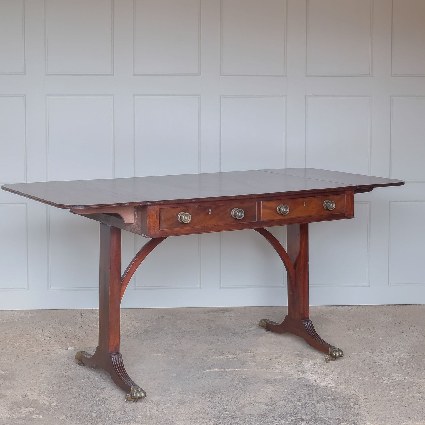 Side angle of fully extended Regency Vintage Mahogany Sofa Table by Summerfield & Scott