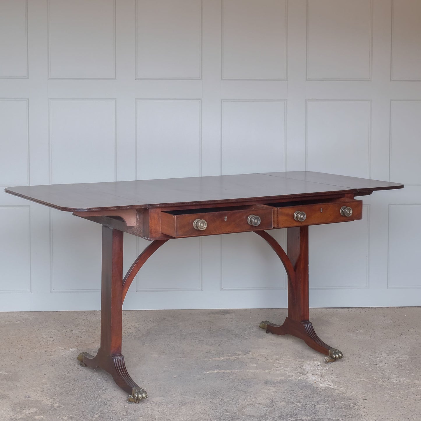 Side angle showing drawers open on Regency Vintage Mahogany Sofa Table by Summerfield & Scott
