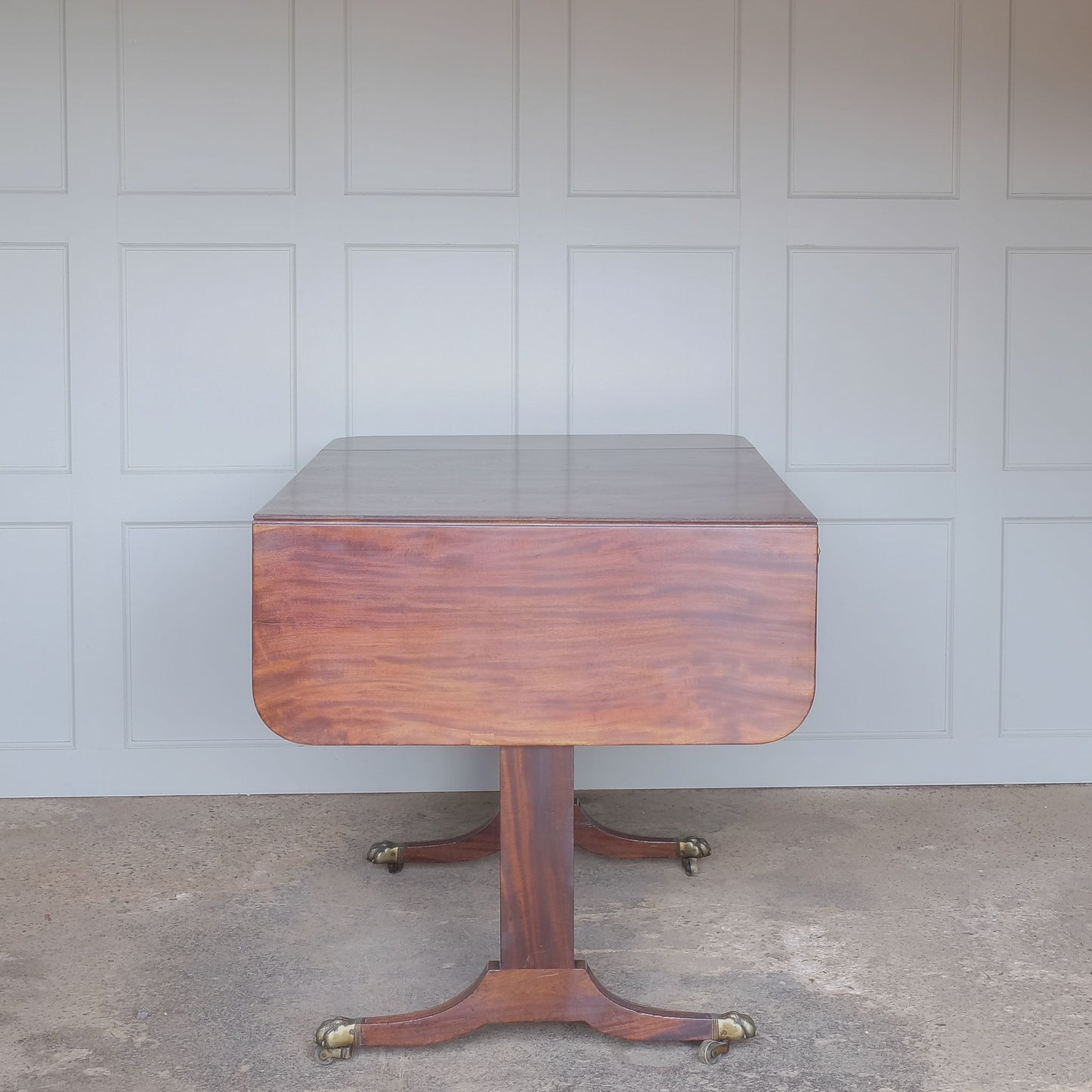 Side view of folded leaf on Regency Vintage Mahogany Sofa Table by Summerfield & Scott