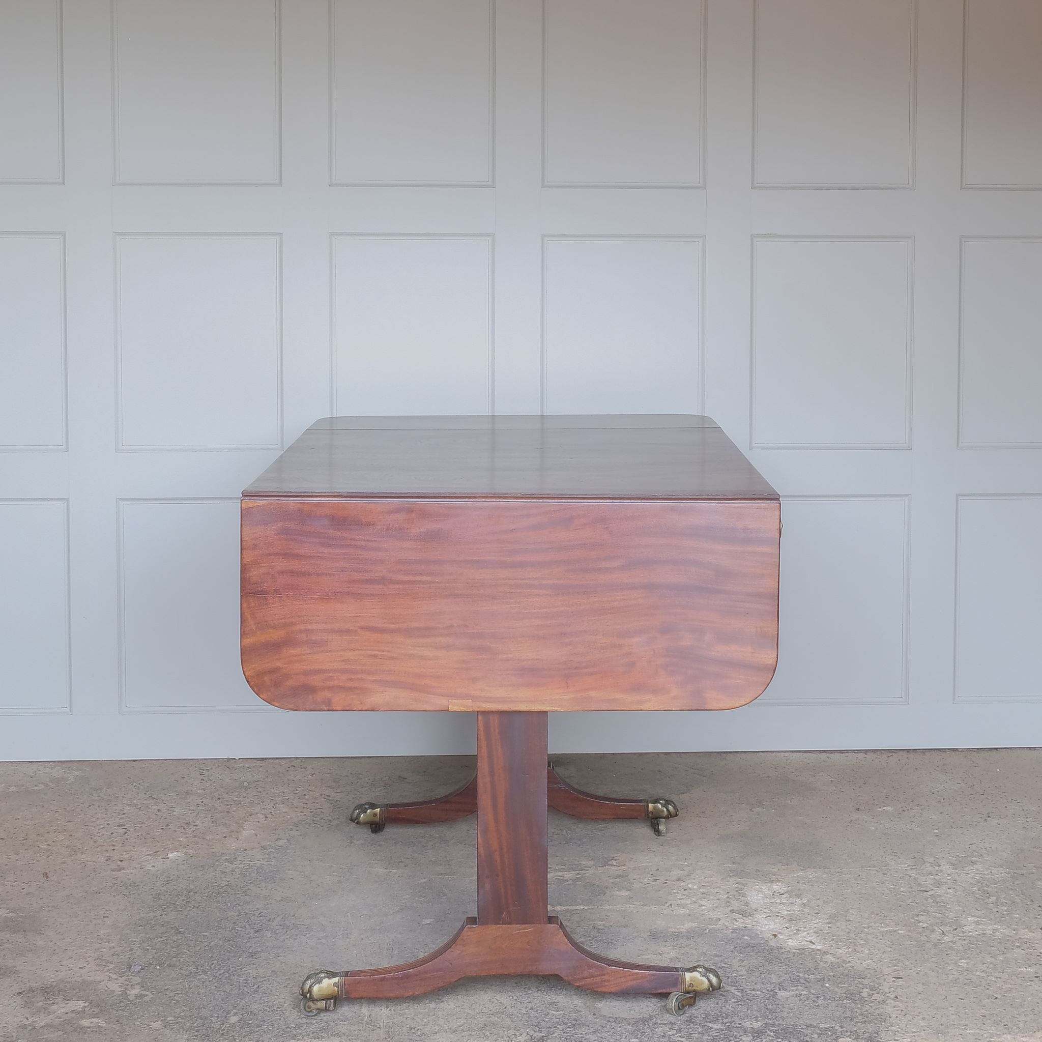 Side view of folded leaf on Regency Vintage Mahogany Sofa Table by Summerfield & Scott