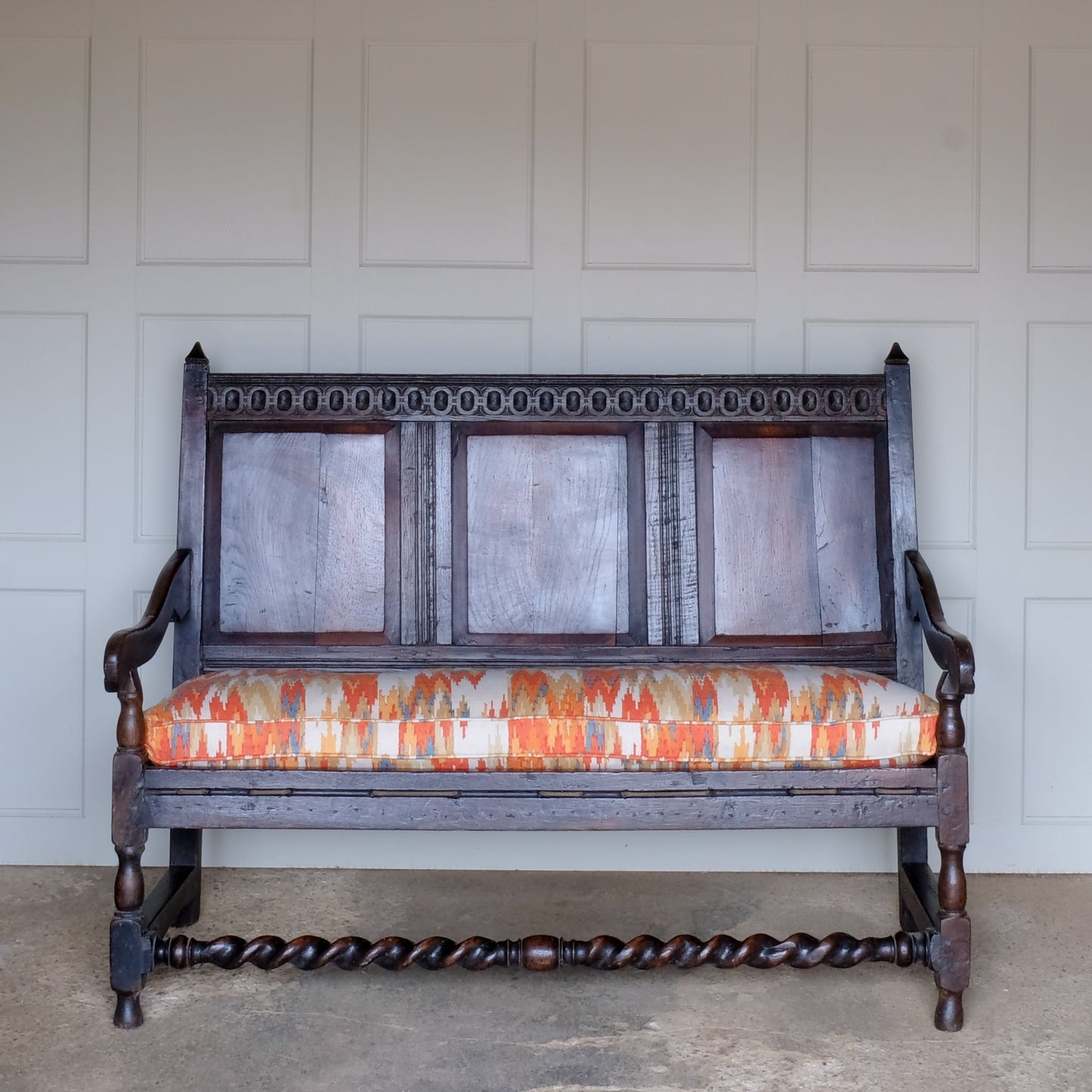 Vintage 18th Century Large Oak Settle with Upholstered Cushion - Summerfield & Scott
