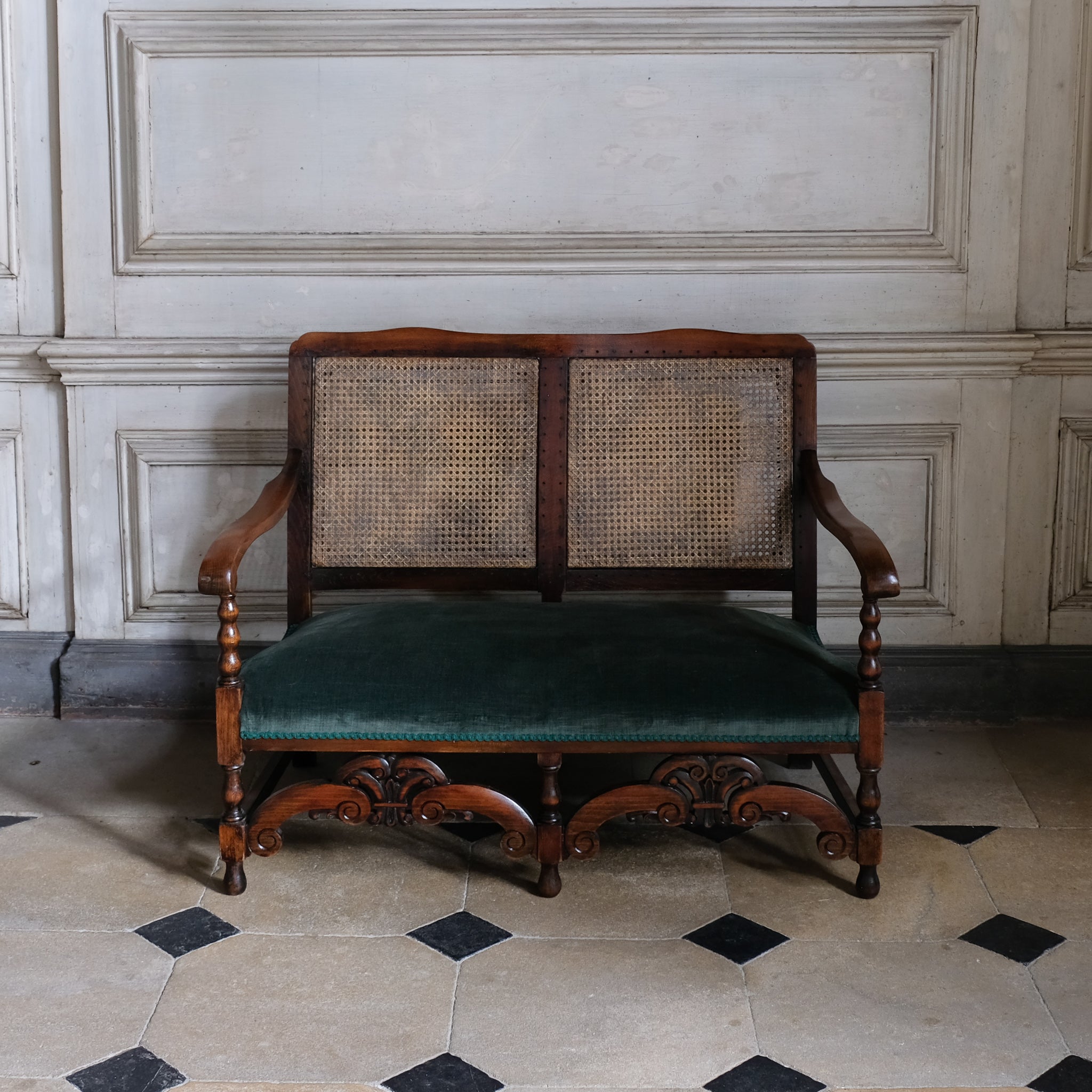 17th Century Caned Backed Settee with Velvet Seat Pad - Summerfield & Scott