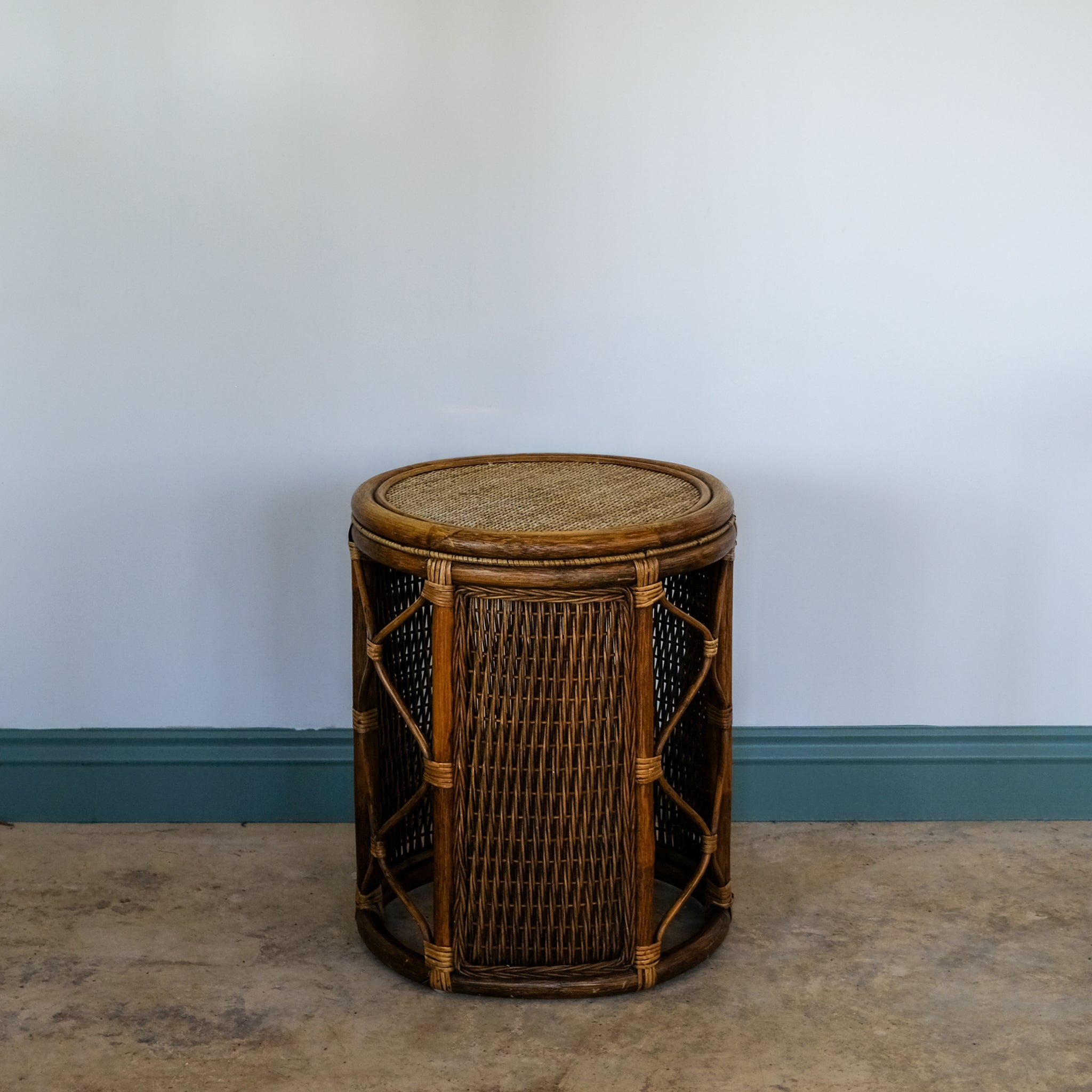 BAMBOO AND RATTAN DRUM SIDE TABLE