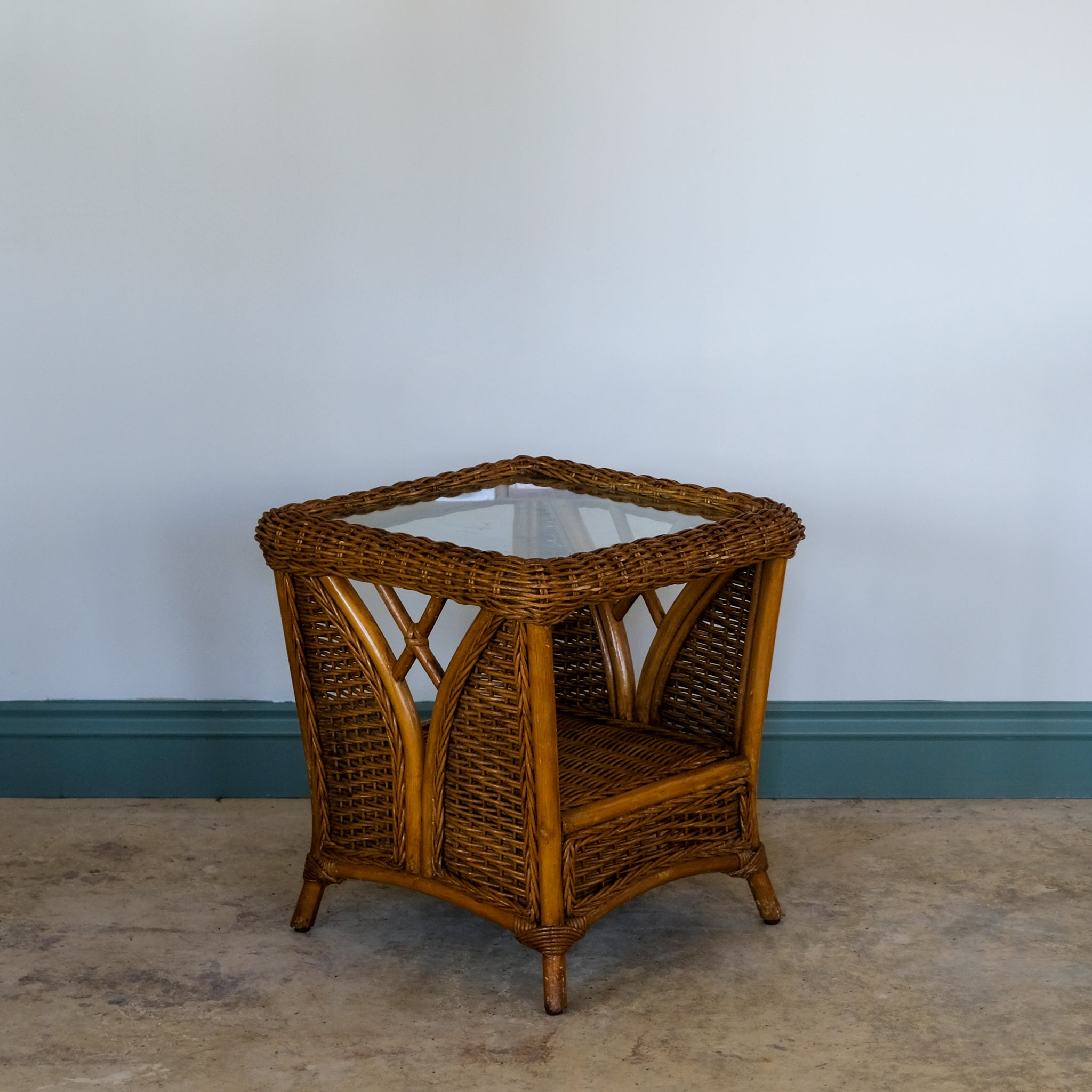 MID CENTURY RATTAN AND WICKER TWO TIER SIDE TABLE