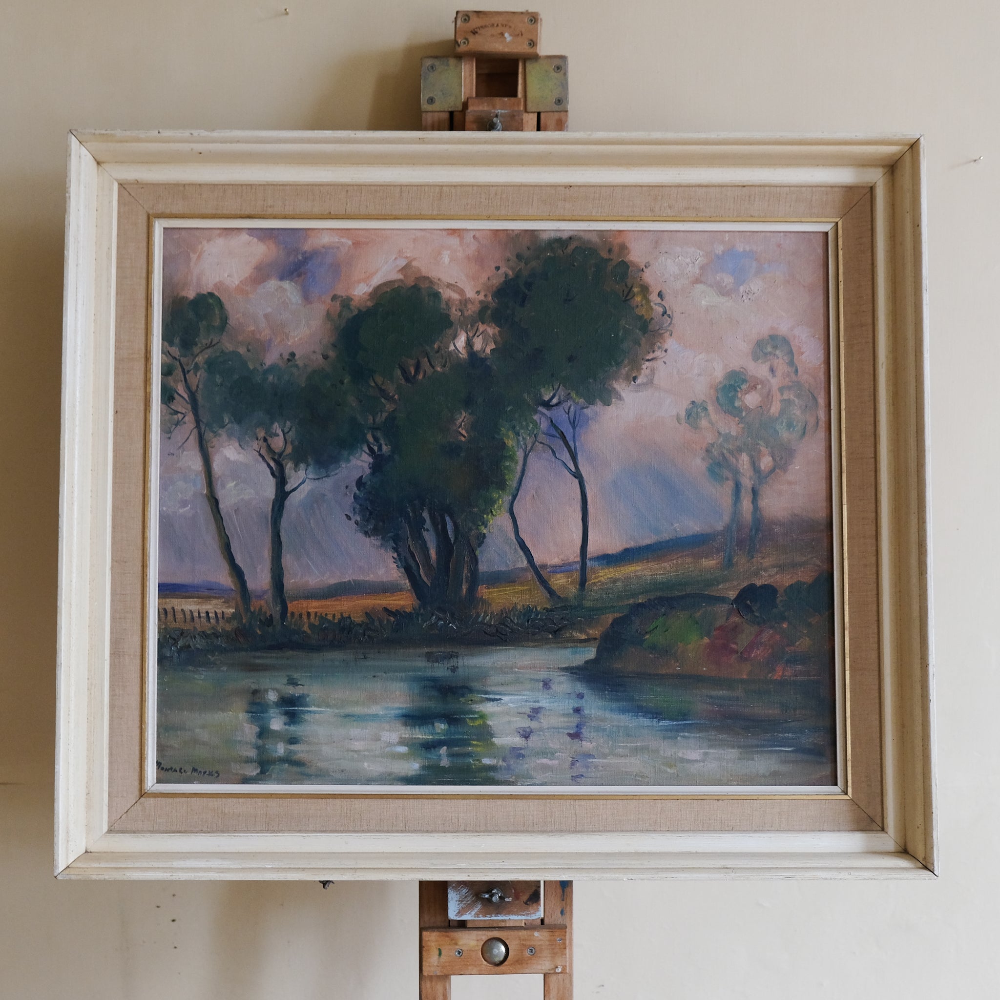 RIVER LANDSCAPE WITH TREES AND REFLECTIONS