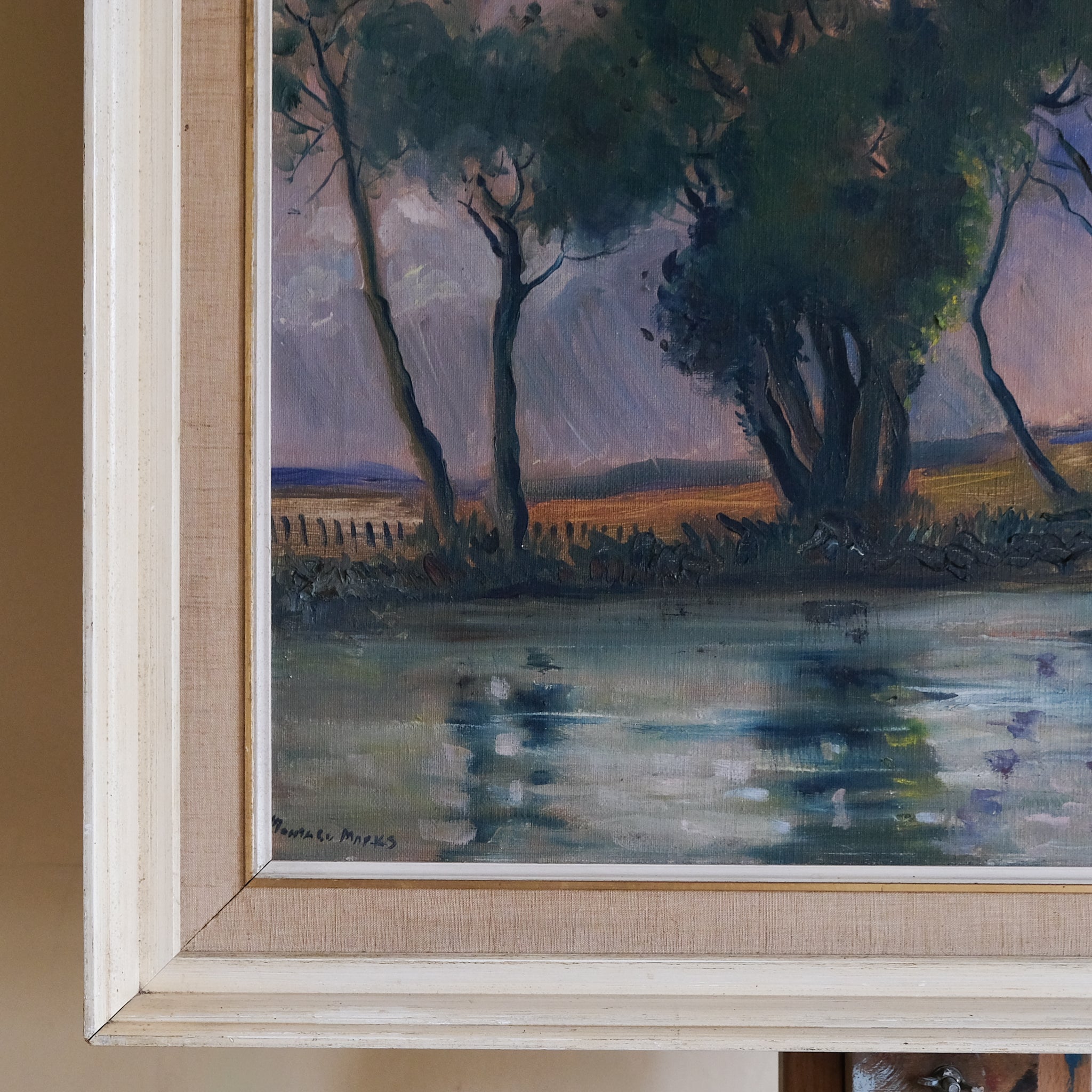 RIVER LANDSCAPE WITH TREES AND REFLECTIONS