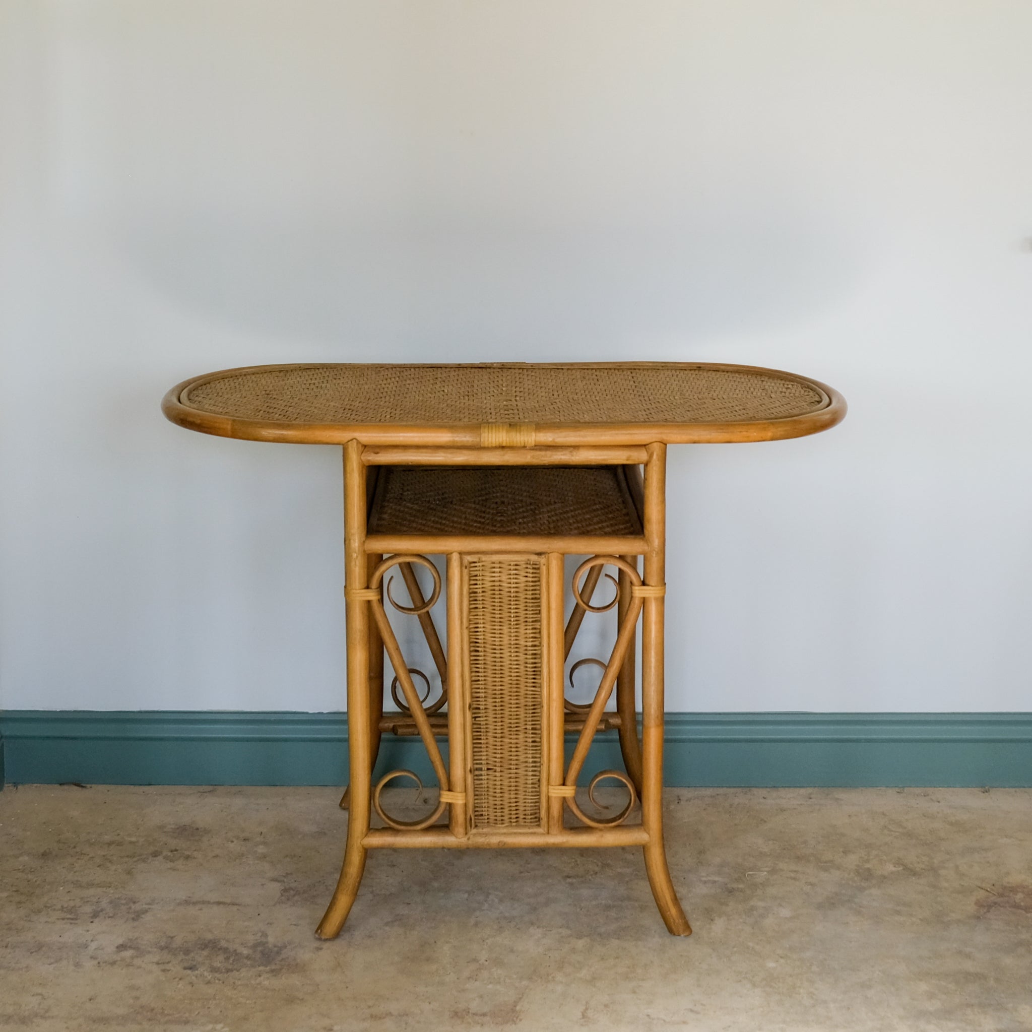 MID CENTURY BAMBOO AND BENT CANE BISTRO CONSOLE TABLE