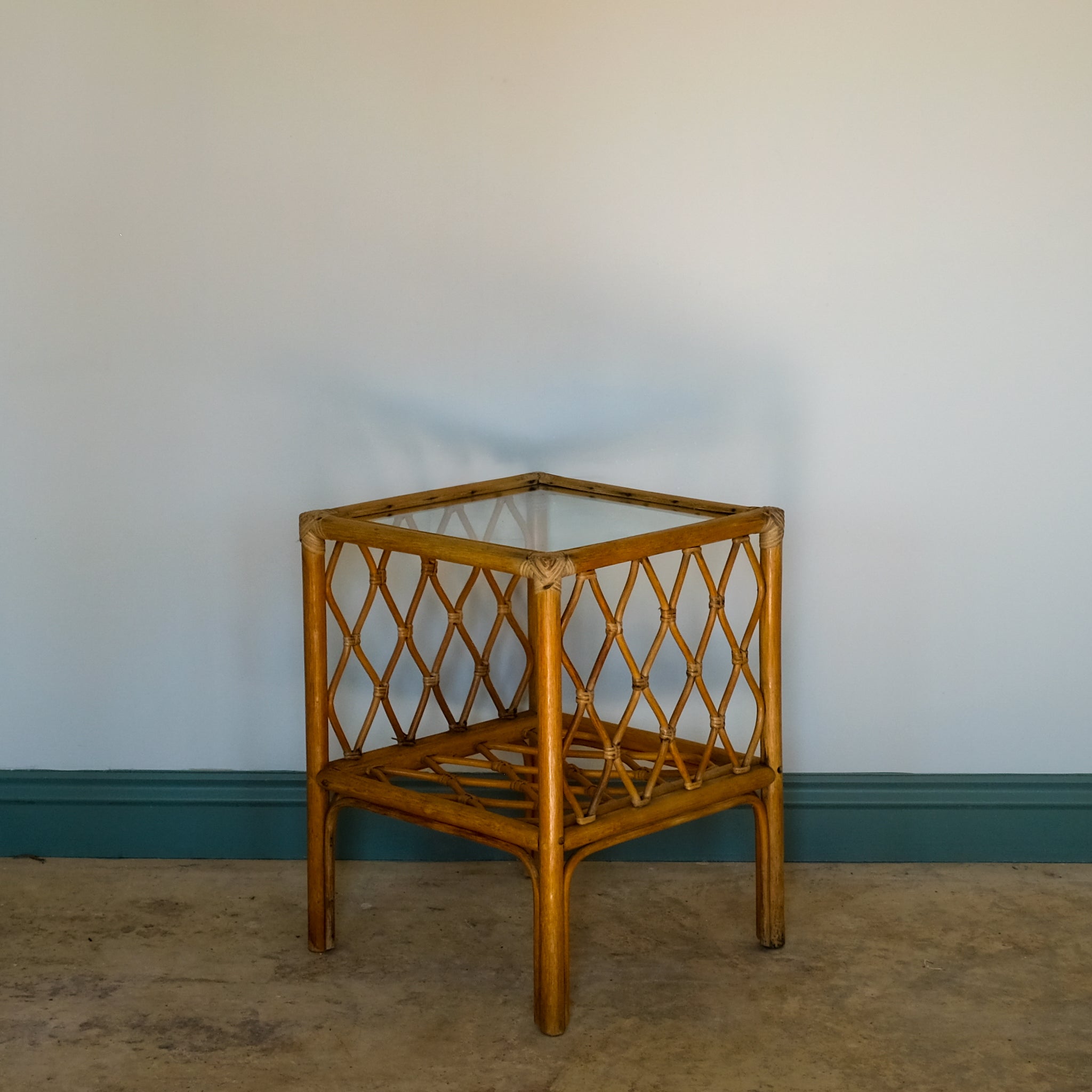 MID CENTURY BAMBOO AND RATTAN SIDE TABLE