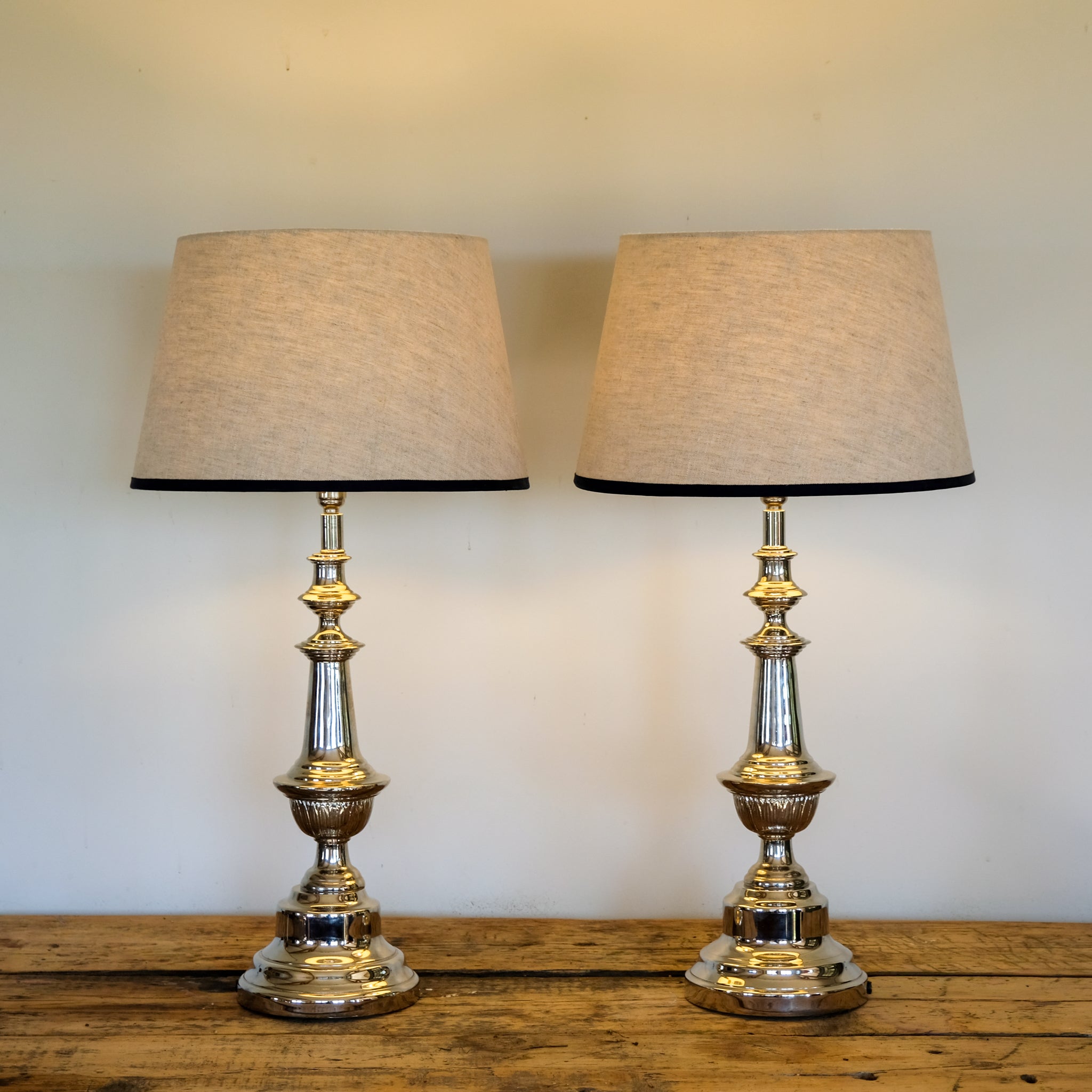 SUPERB PAIR OF FRENCH NICKEL-PLATED TABLE LAMPS
