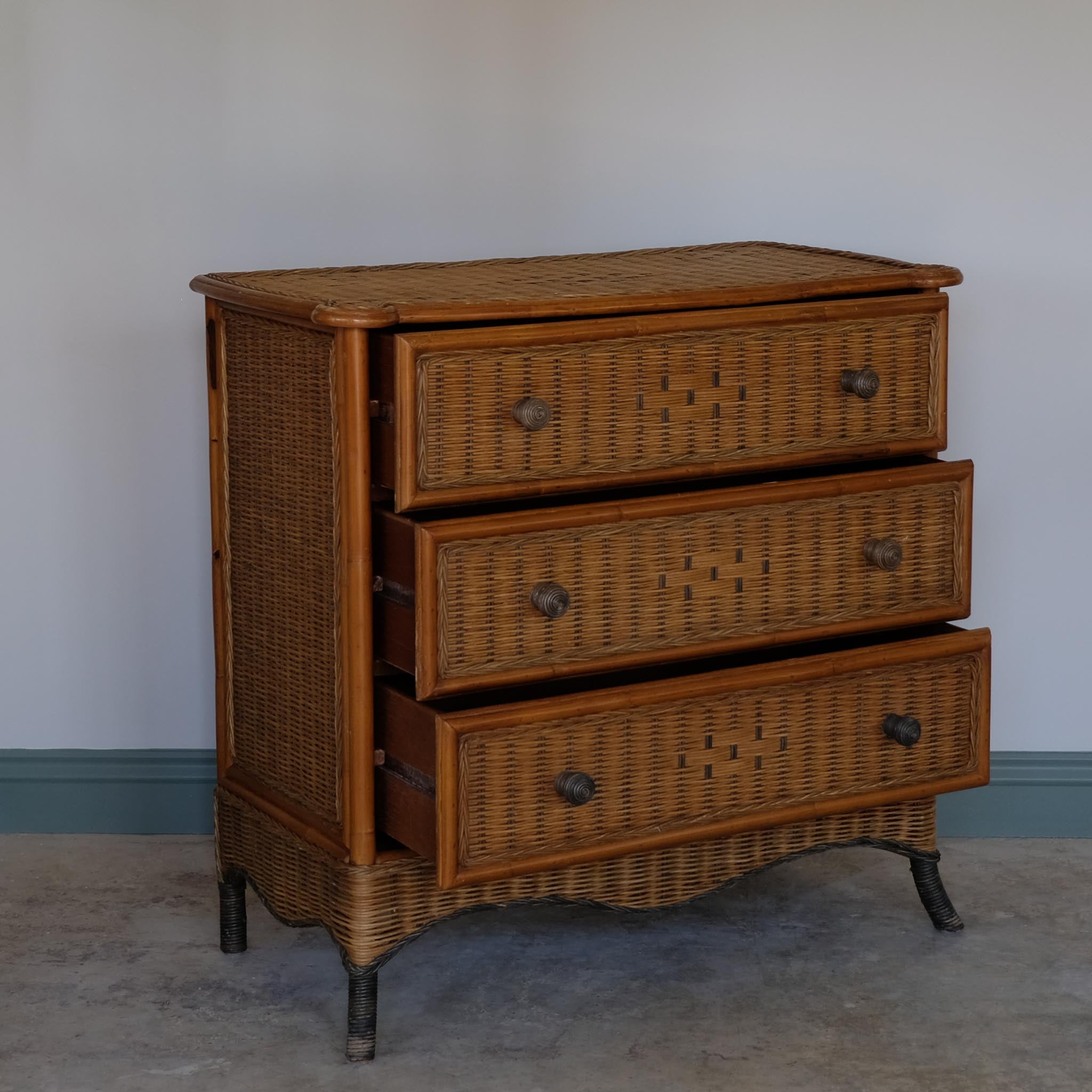 VINTAGE 1970S BAMBOO & RATTAN CHEST OF DRAWERS