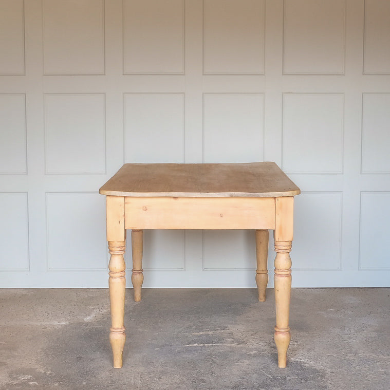 Side view of Vintage Victorian pine farm house kitchen table, on turned legs by Summerfield & Scott