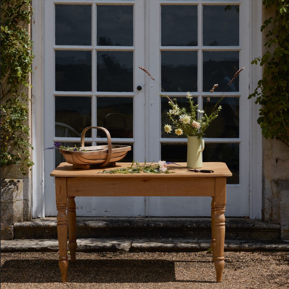 Vintage Victorian pine farm house kitchen table, on turned legs outside house by Summerfield & Scott