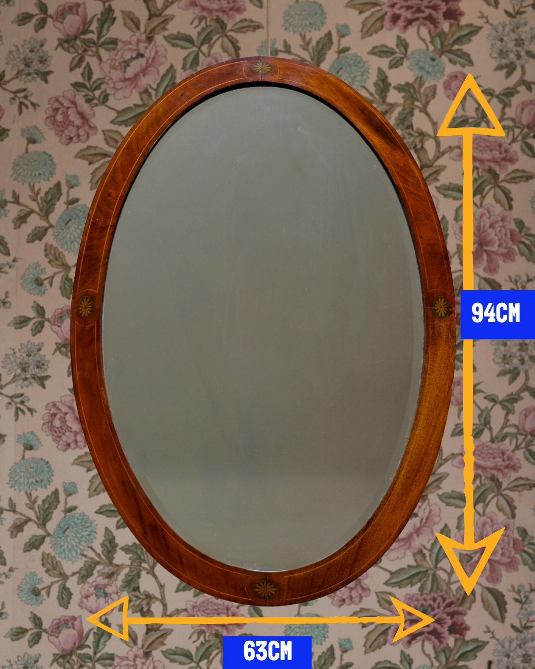 LARGE EDWARDIAN OVAL INLAID MAHOGANY MIRROR
