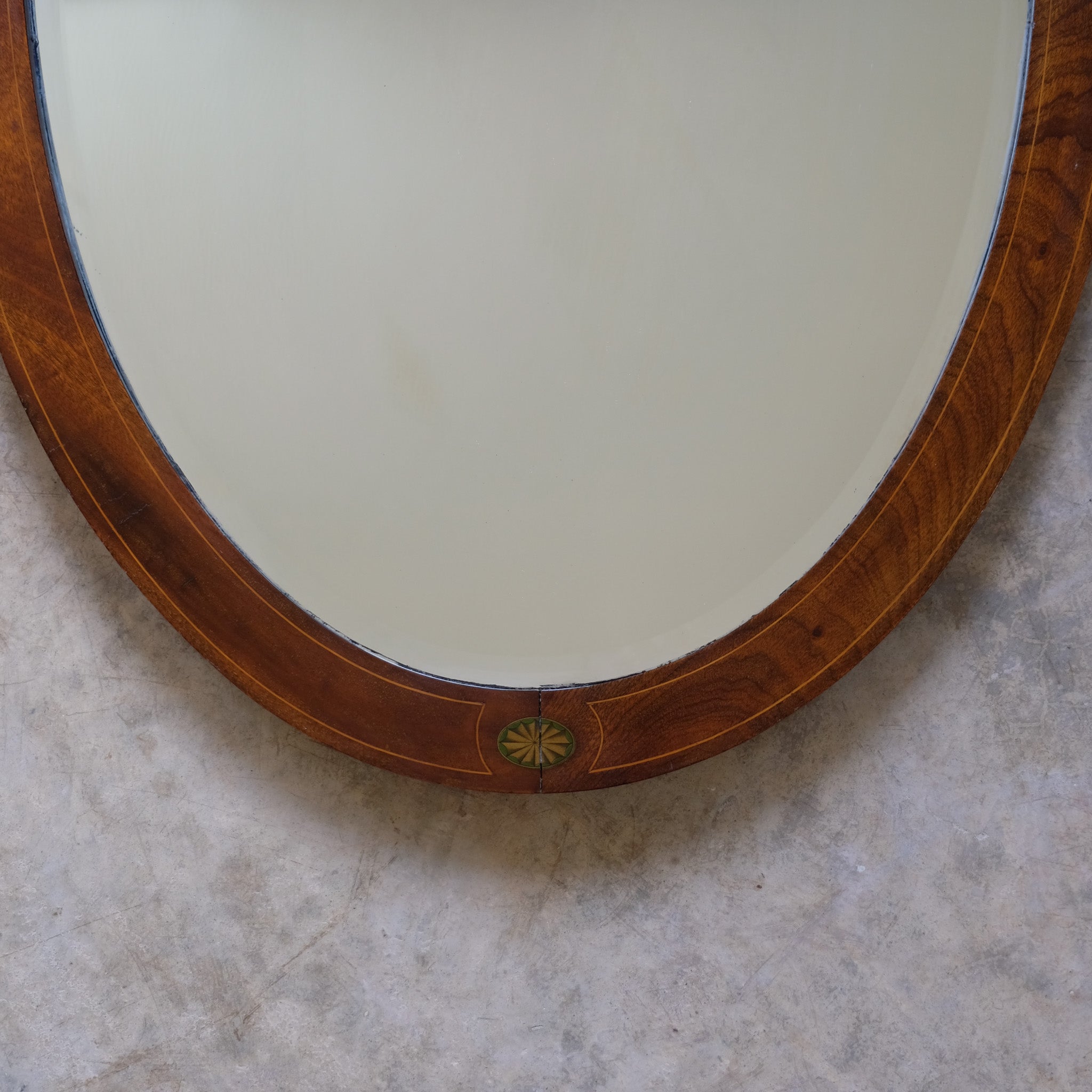 LARGE EDWARDIAN OVAL INLAID MAHOGANY MIRROR