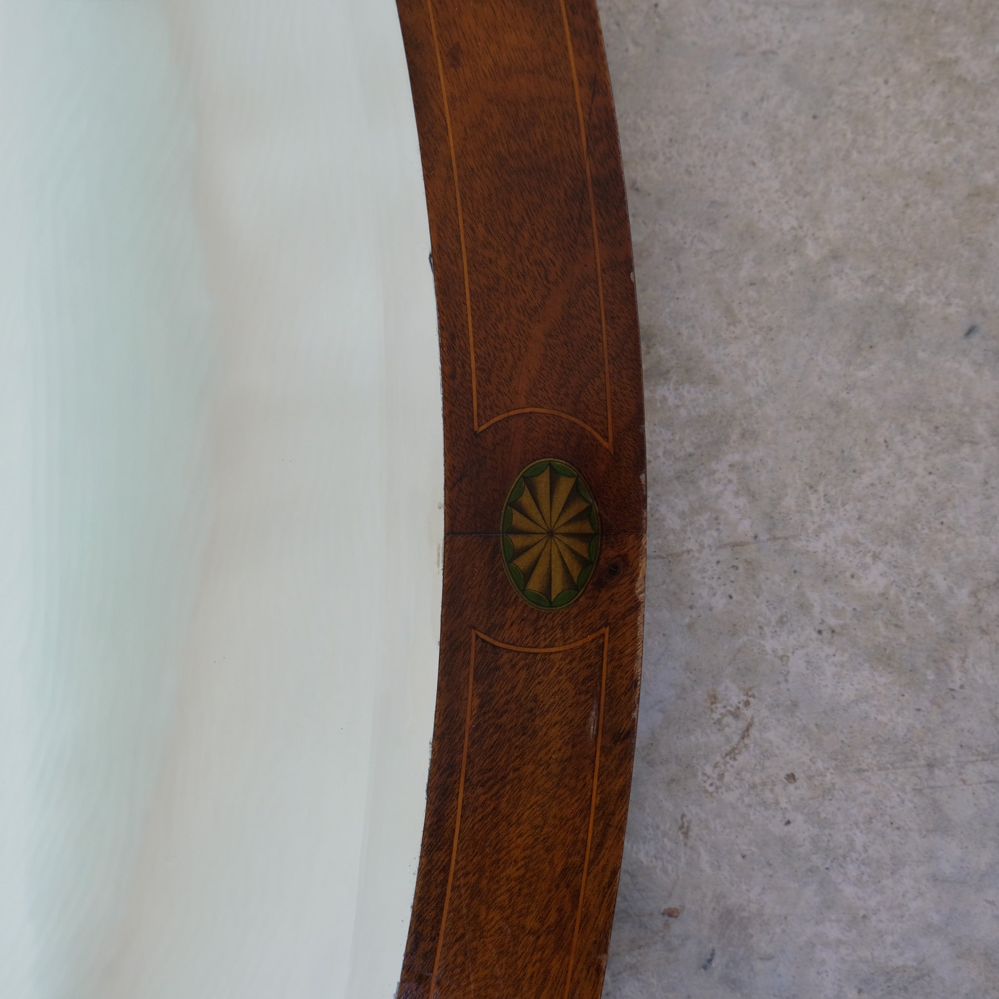 LARGE EDWARDIAN OVAL INLAID MAHOGANY MIRROR