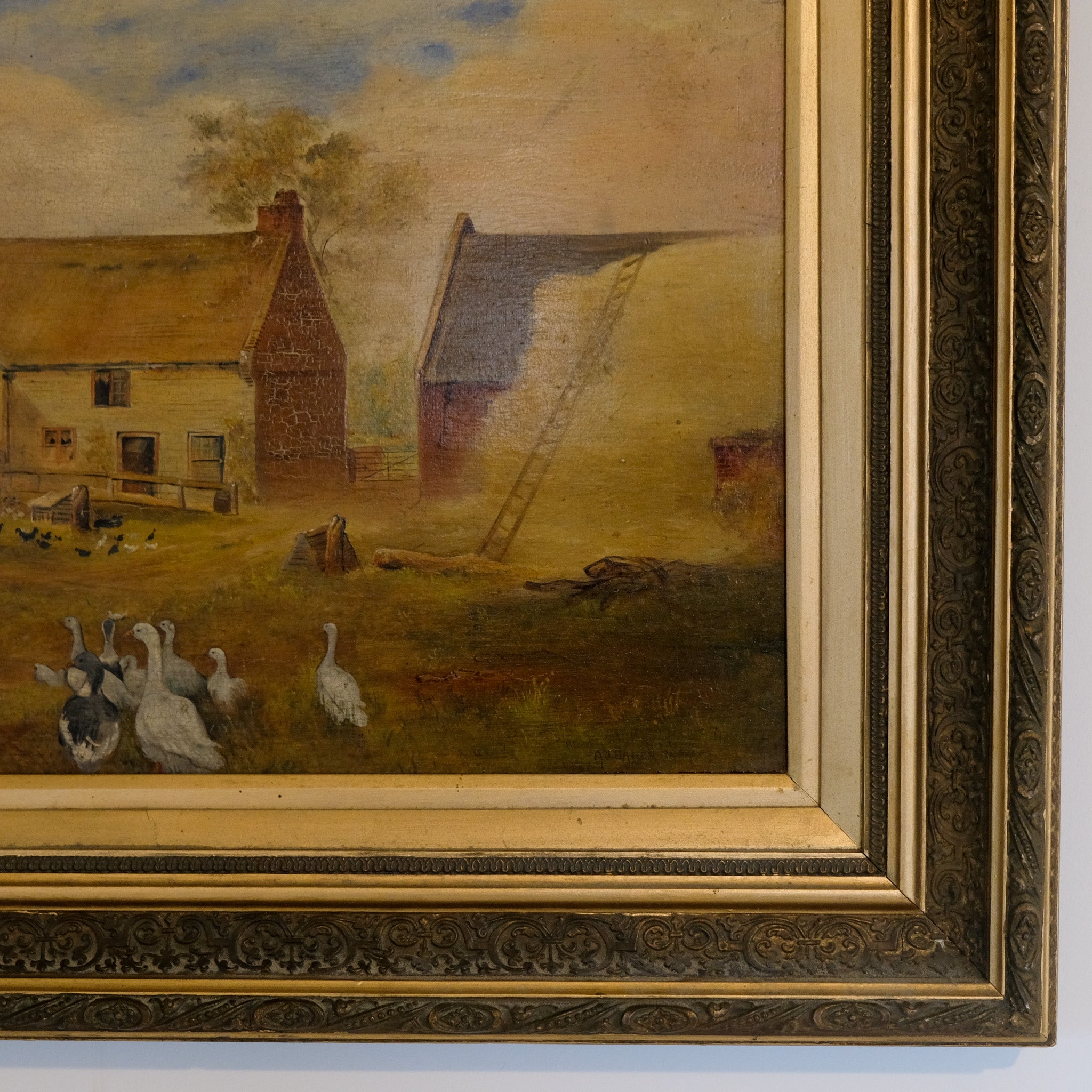EARLY 20TH CENTURY FARMYARD SCENE WITH GEESE BY A J BAKER