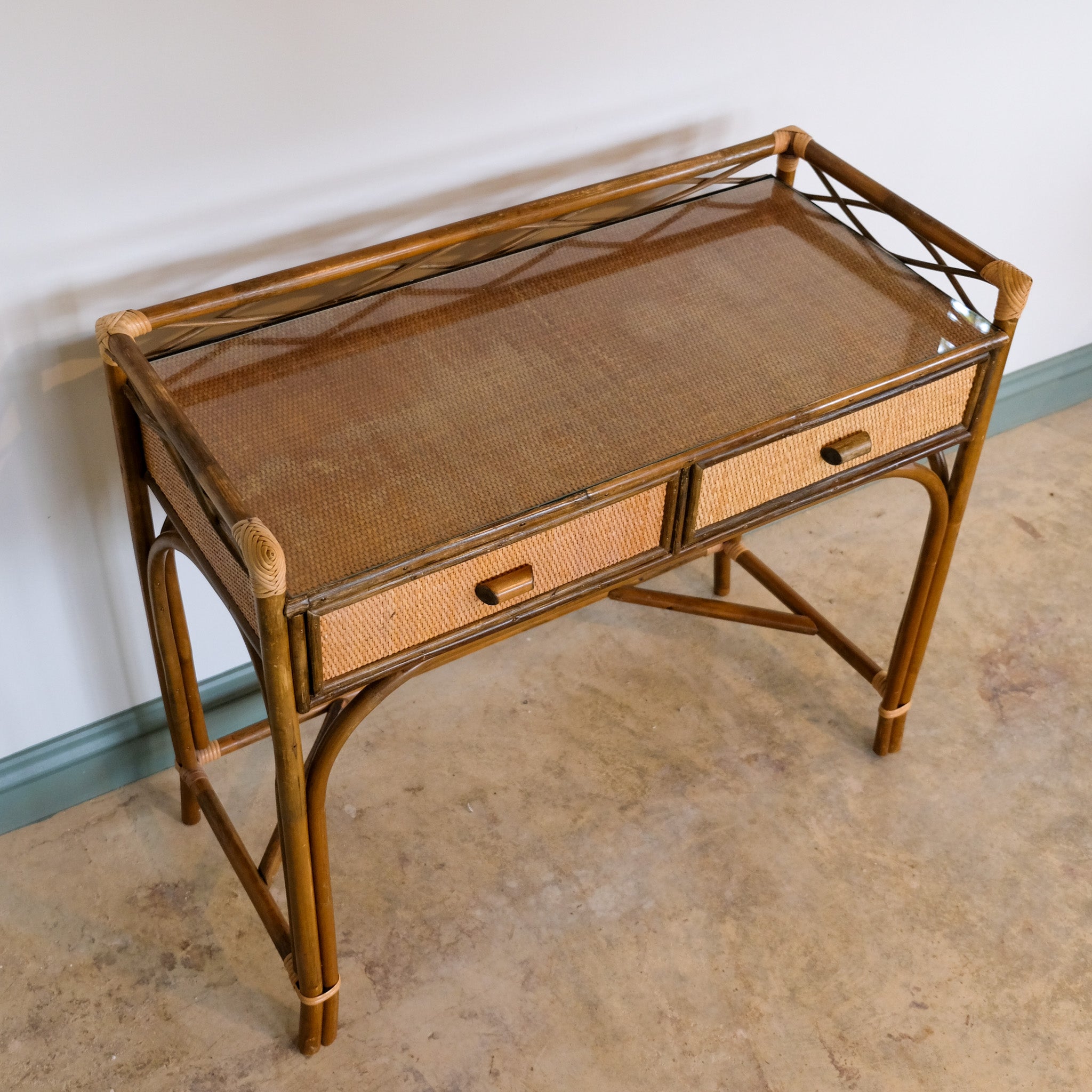 VINTAGE CANE AND BAMBOO DRESSING TABLE / SMALL DESK