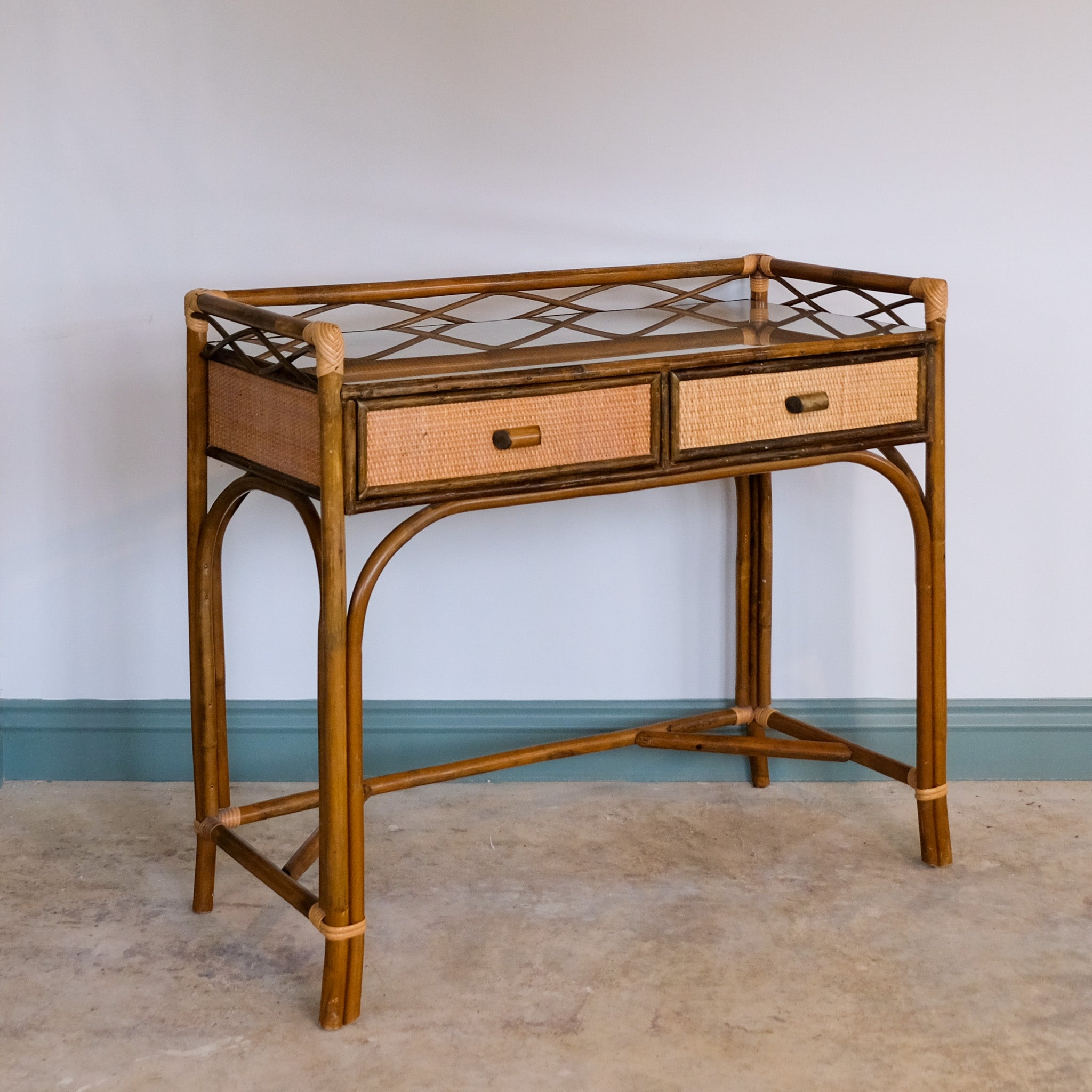 VINTAGE CANE AND BAMBOO DRESSING TABLE / SMALL DESK