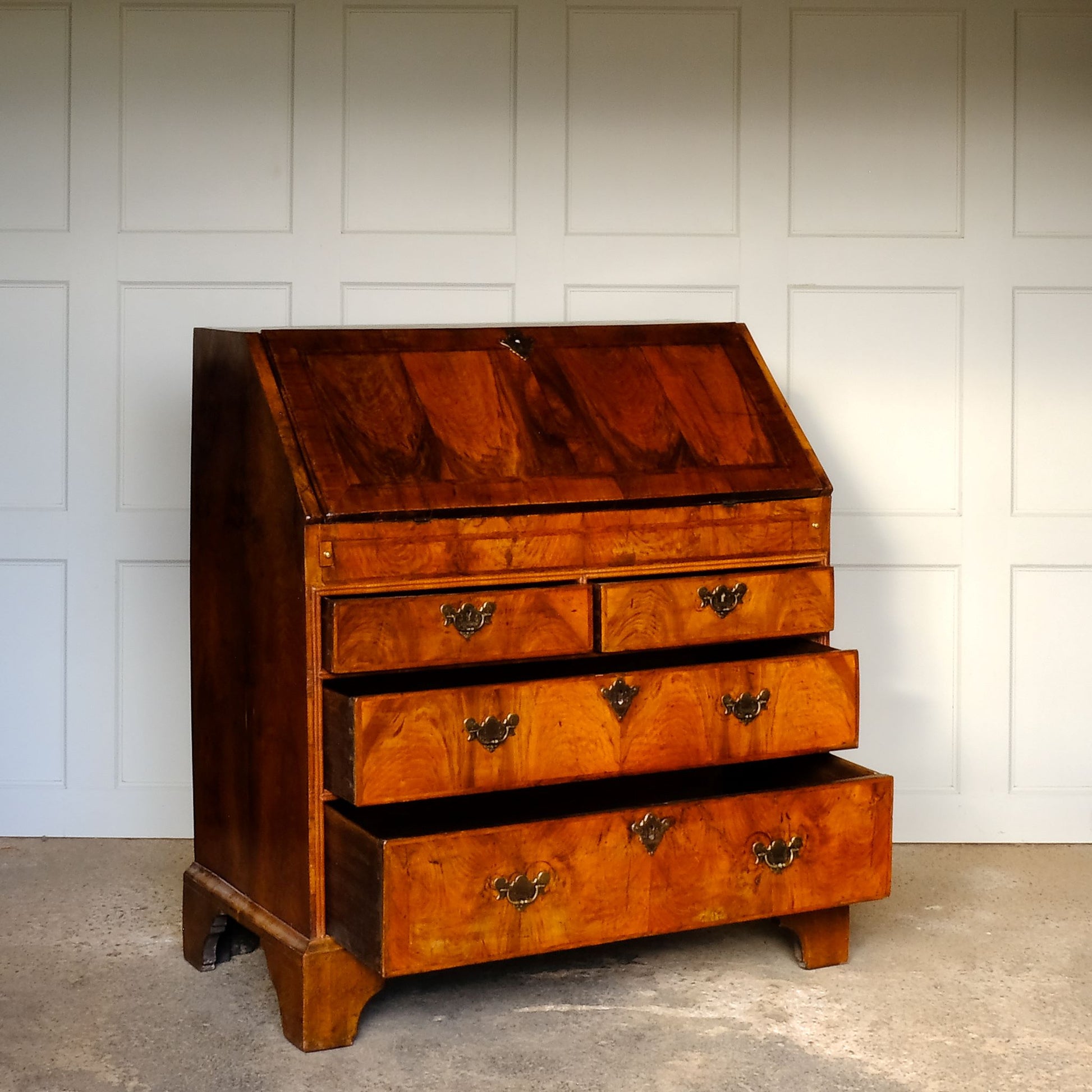 Antique George I Walnut Bureau with Open Drawers - by Summerfield & Scott