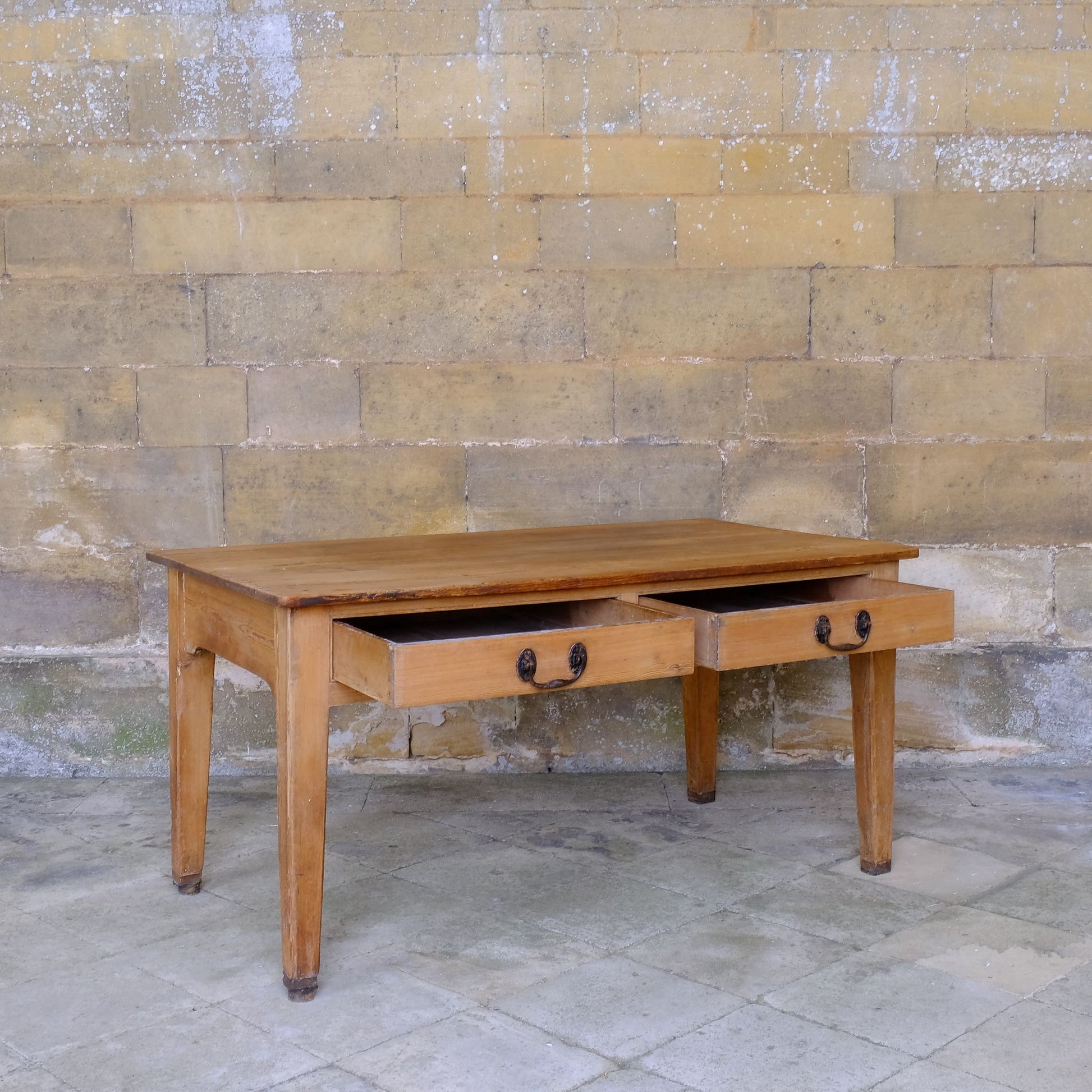 Antique Victorian English Farmhouse Pine Prep Table with two open drawers by Summerfield & Scott