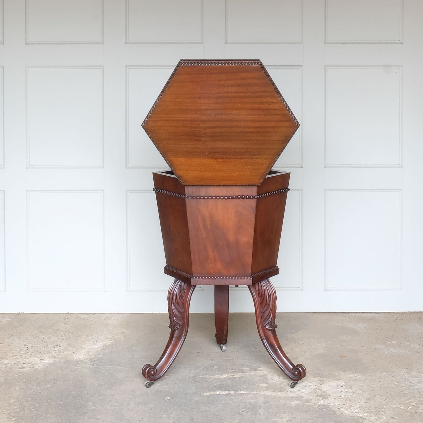 Rear view of Vintage 19th Century Mahogany Wine Cooler with open lid by Summerfield & Scott
