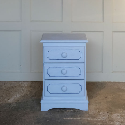 Small hand painted blue vintage chest of drawers or bedside table by Summerfield & Scott
