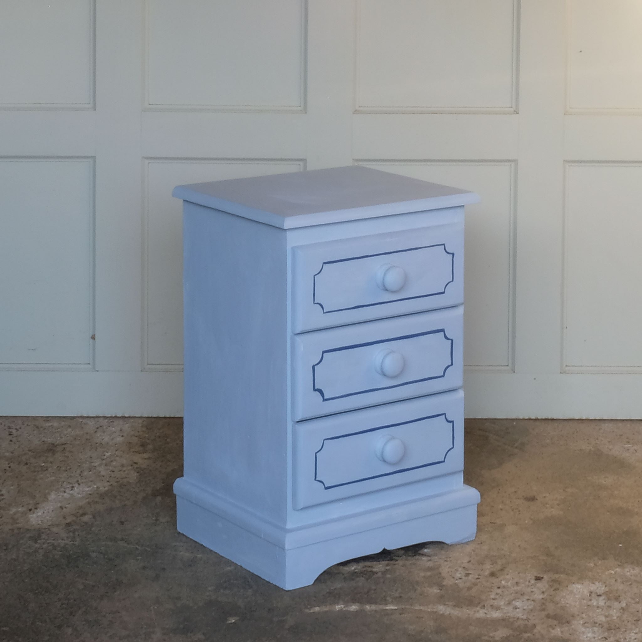 Small hand painted blue vintage chest of drawers or bedside table by Summerfield & Scott