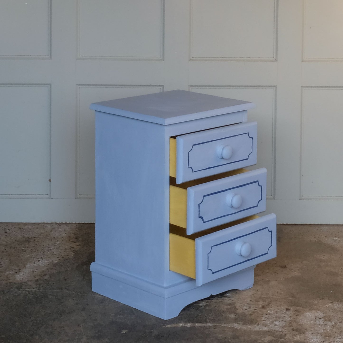 Small hand painted blue vintage chest of drawers or bedside table with 3 open drawers by Summerfield & Scott