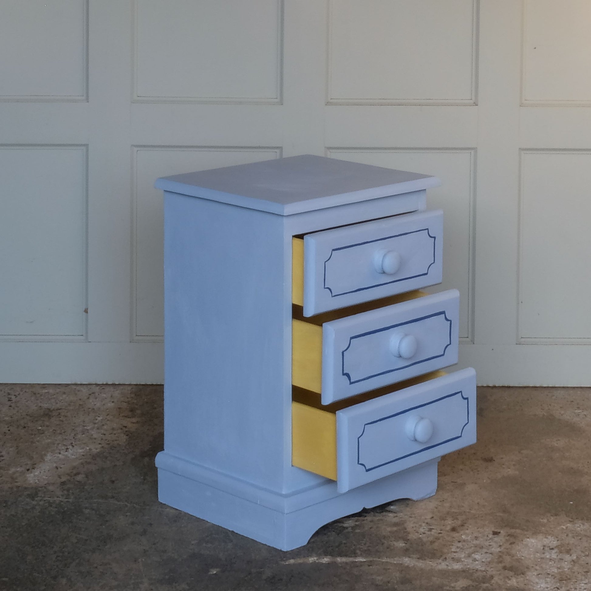 Small hand painted blue vintage chest of drawers or bedside table with 3 open drawers by Summerfield & Scott