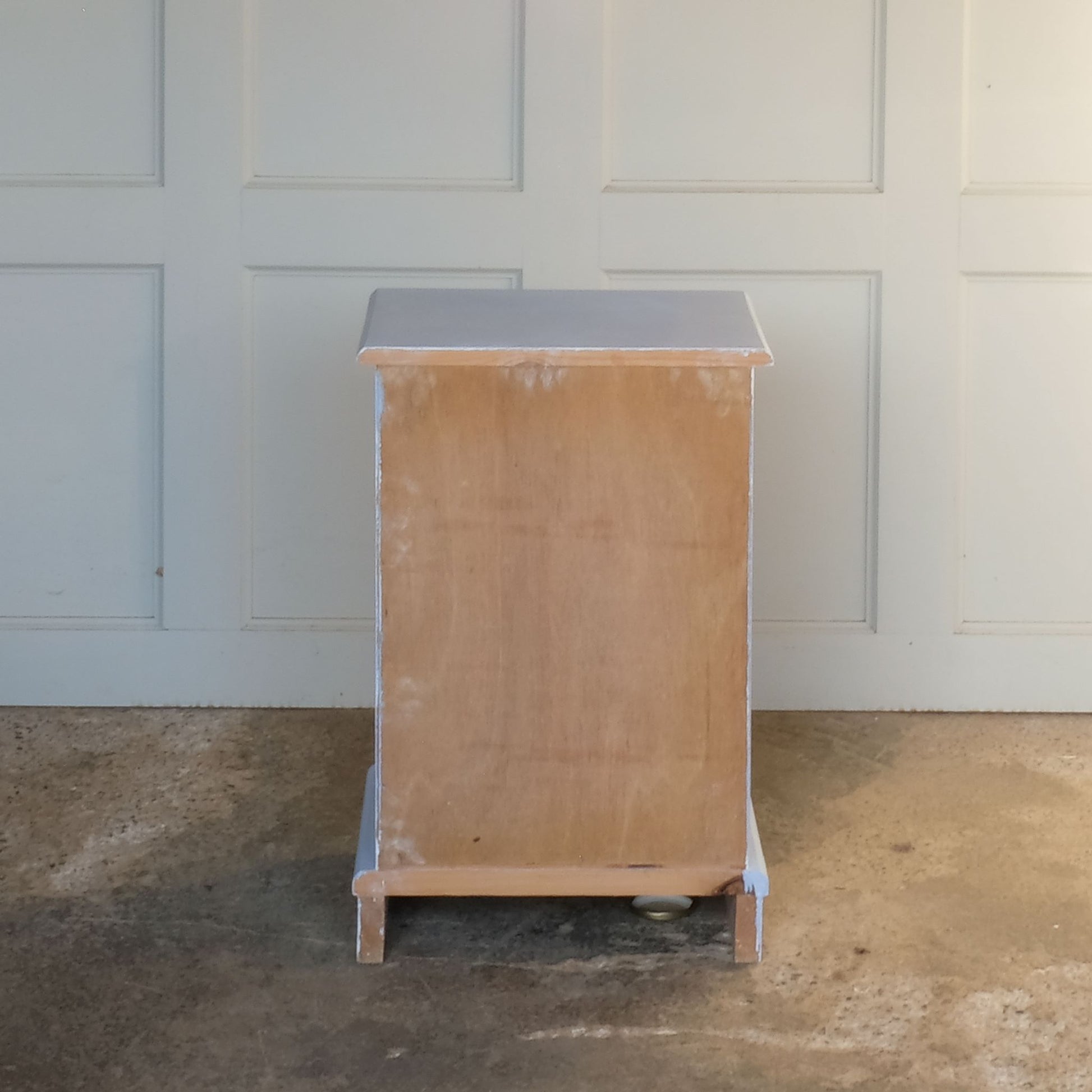 Back of Small hand painted blue vintage chest of drawers or bedside table by Summerfield & Scott