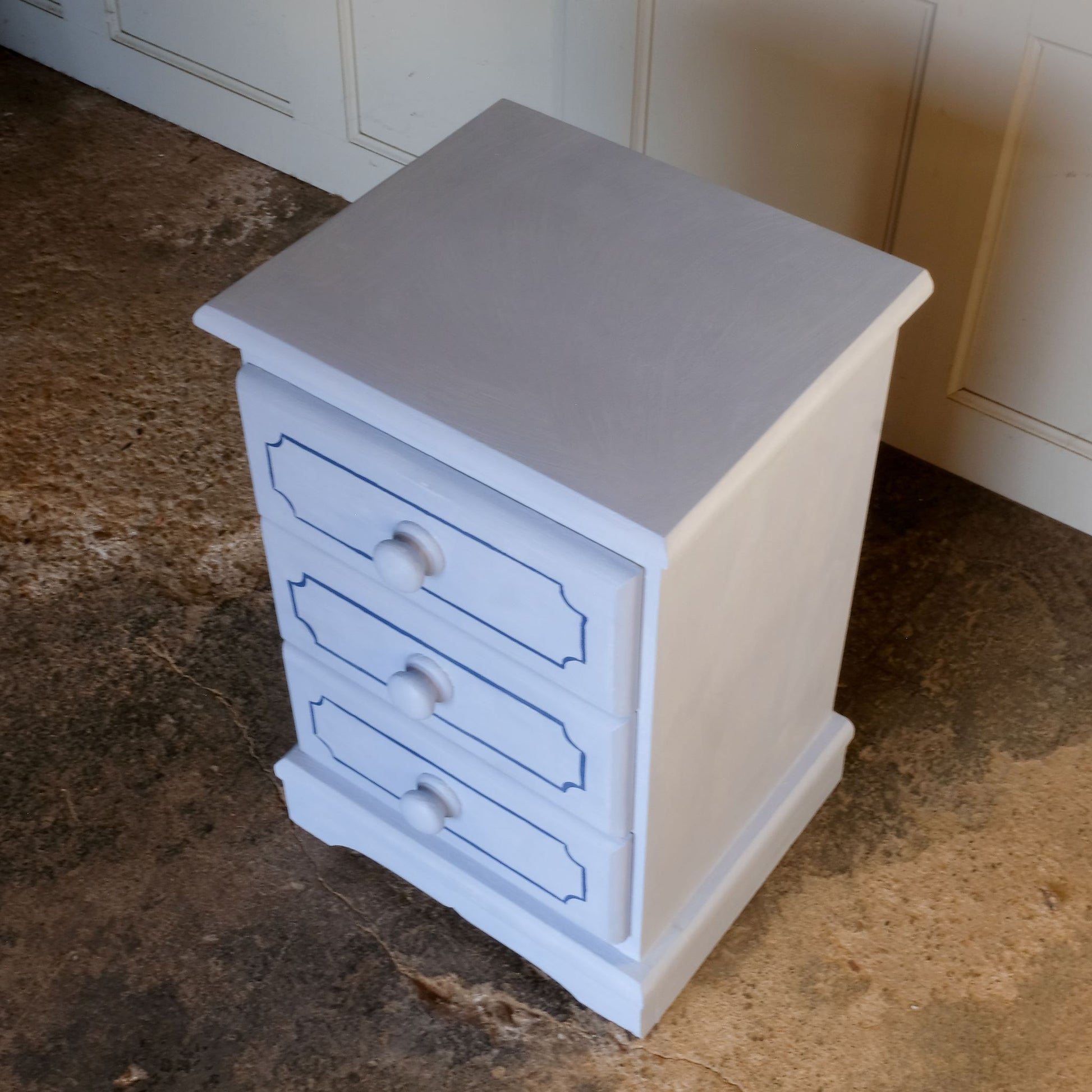 Top of Small hand painted blue vintage chest of drawers or bedside table by Summerfield & Scott