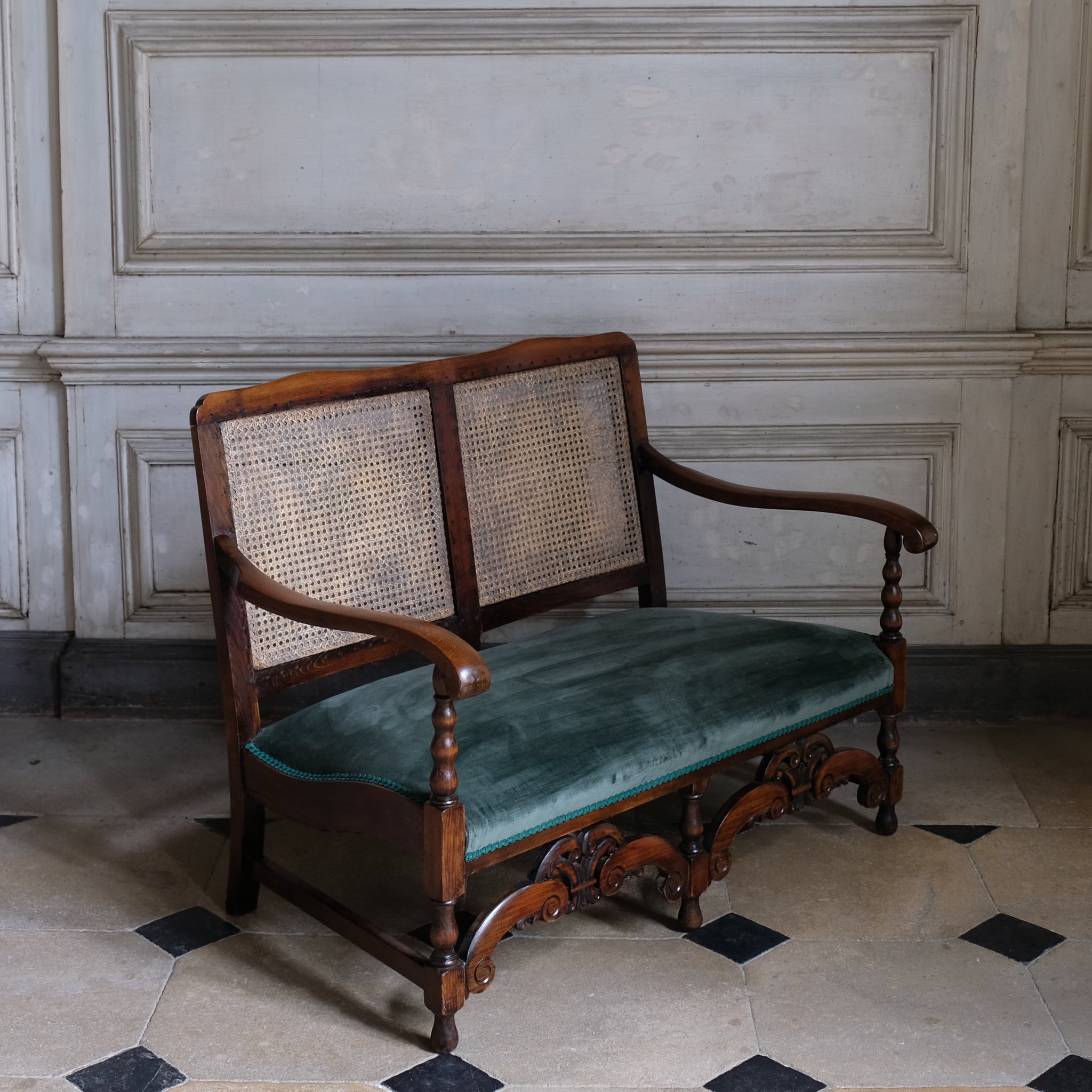 17th Century Caned Backed Settee with Velvet Seat Pad and matching braiding - Summerfield & Scott