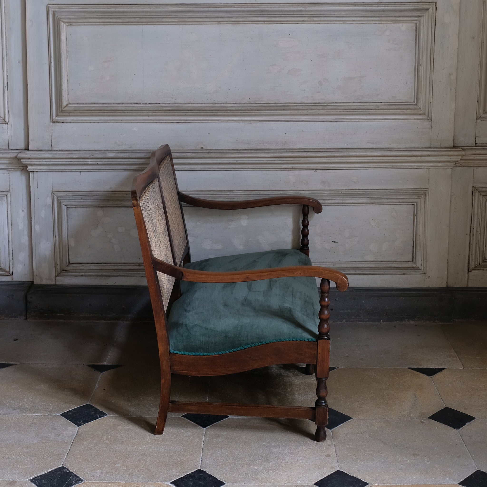 Side angle of 17th Century Vintage Caned Backed Settee with Velvet Seat Pad - Summerfield & Scott