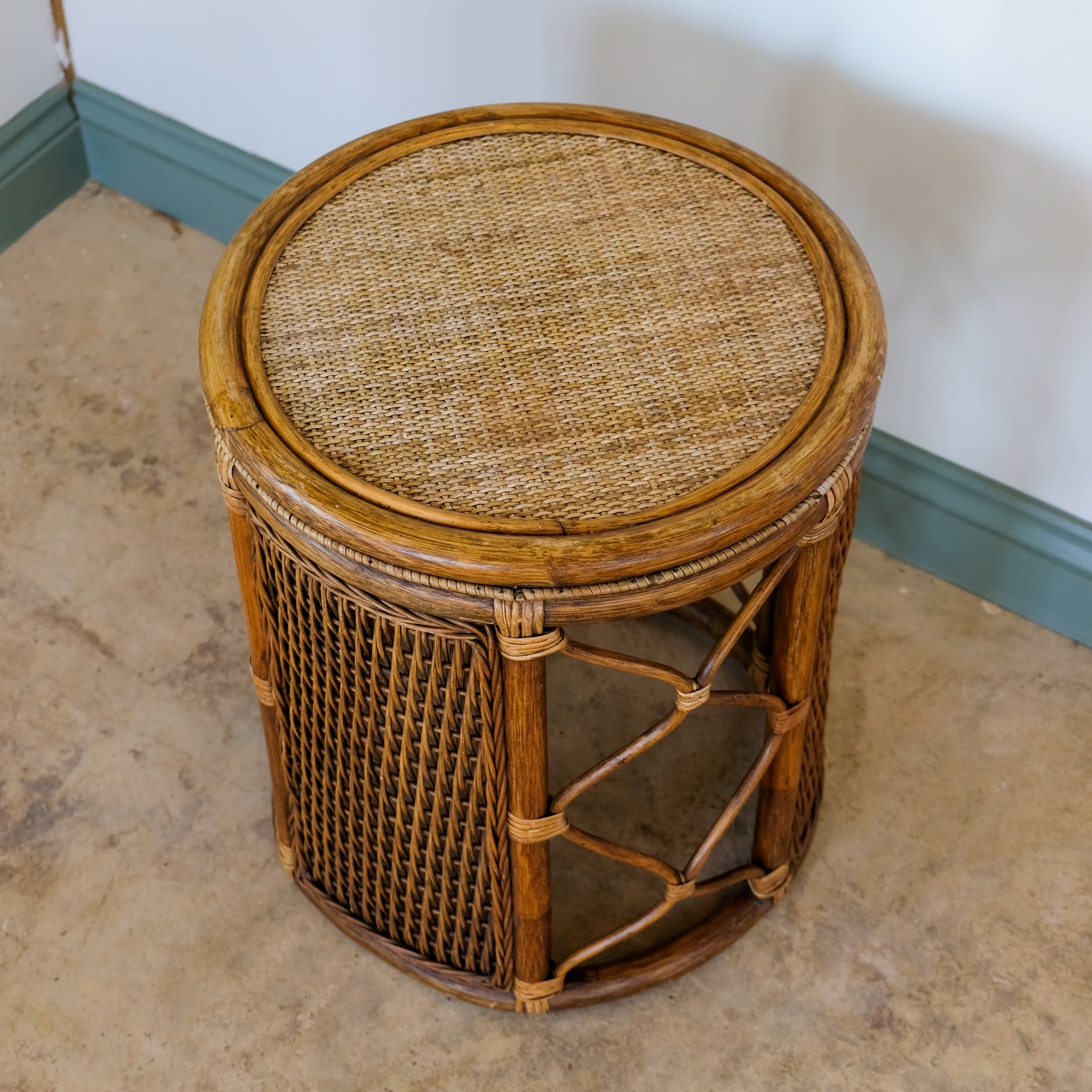 BAMBOO AND RATTAN DRUM SIDE TABLE