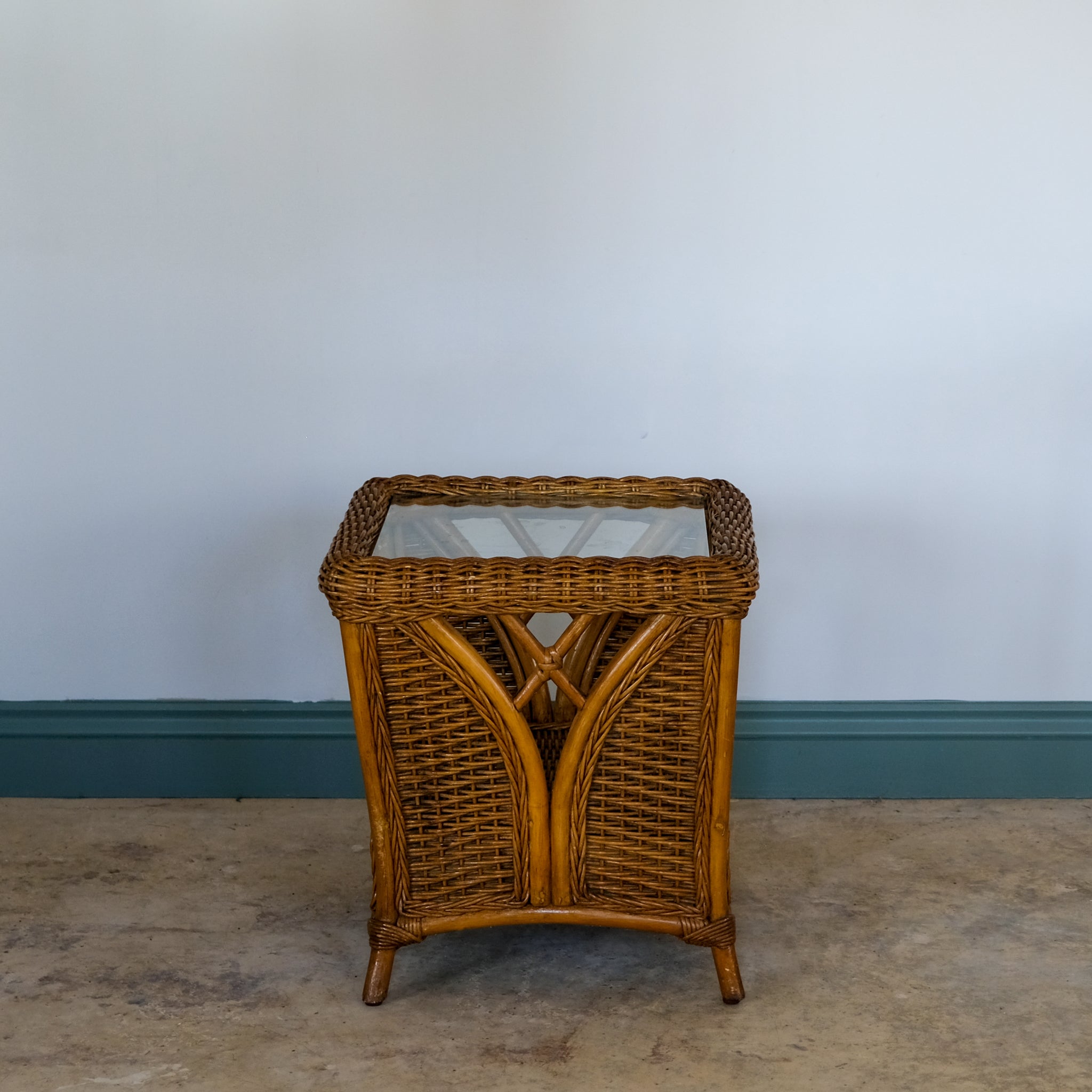 MID CENTURY RATTAN AND WICKER TWO TIER SIDE TABLE