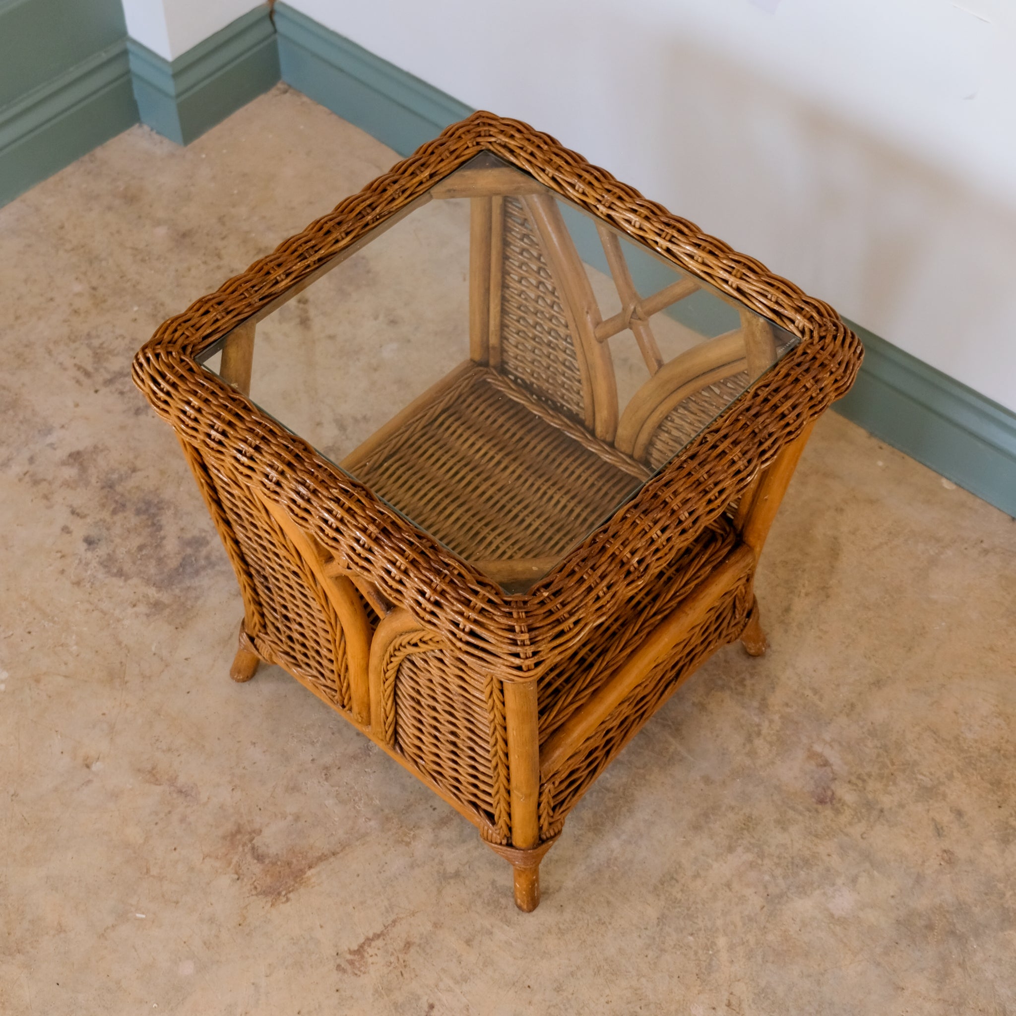MID CENTURY RATTAN AND WICKER TWO TIER SIDE TABLE