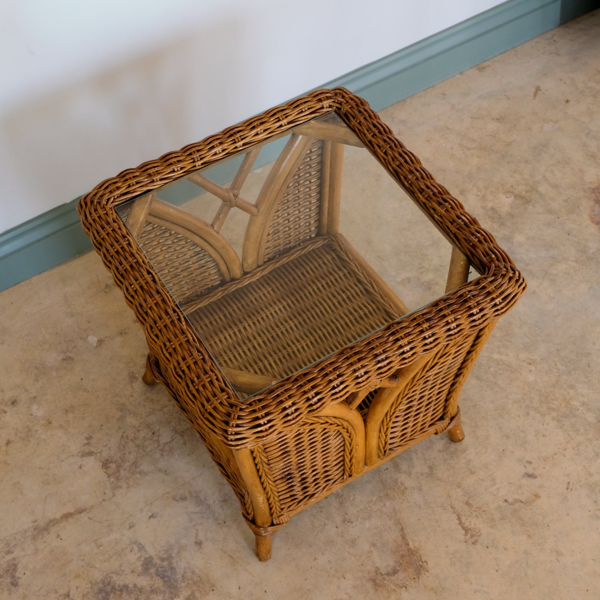 MID CENTURY RATTAN AND WICKER TWO TIER SIDE TABLE