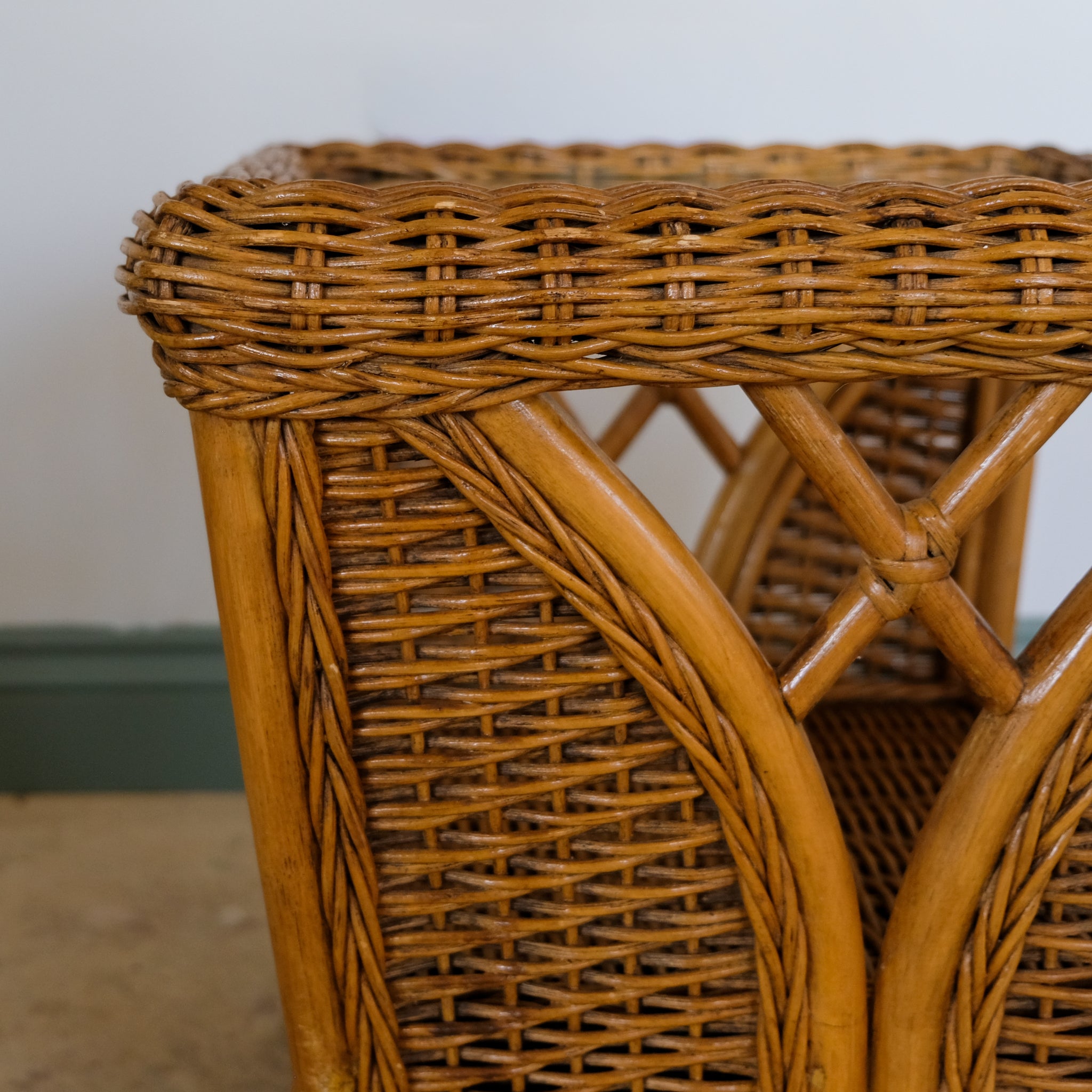 MID CENTURY RATTAN AND WICKER TWO TIER SIDE TABLE