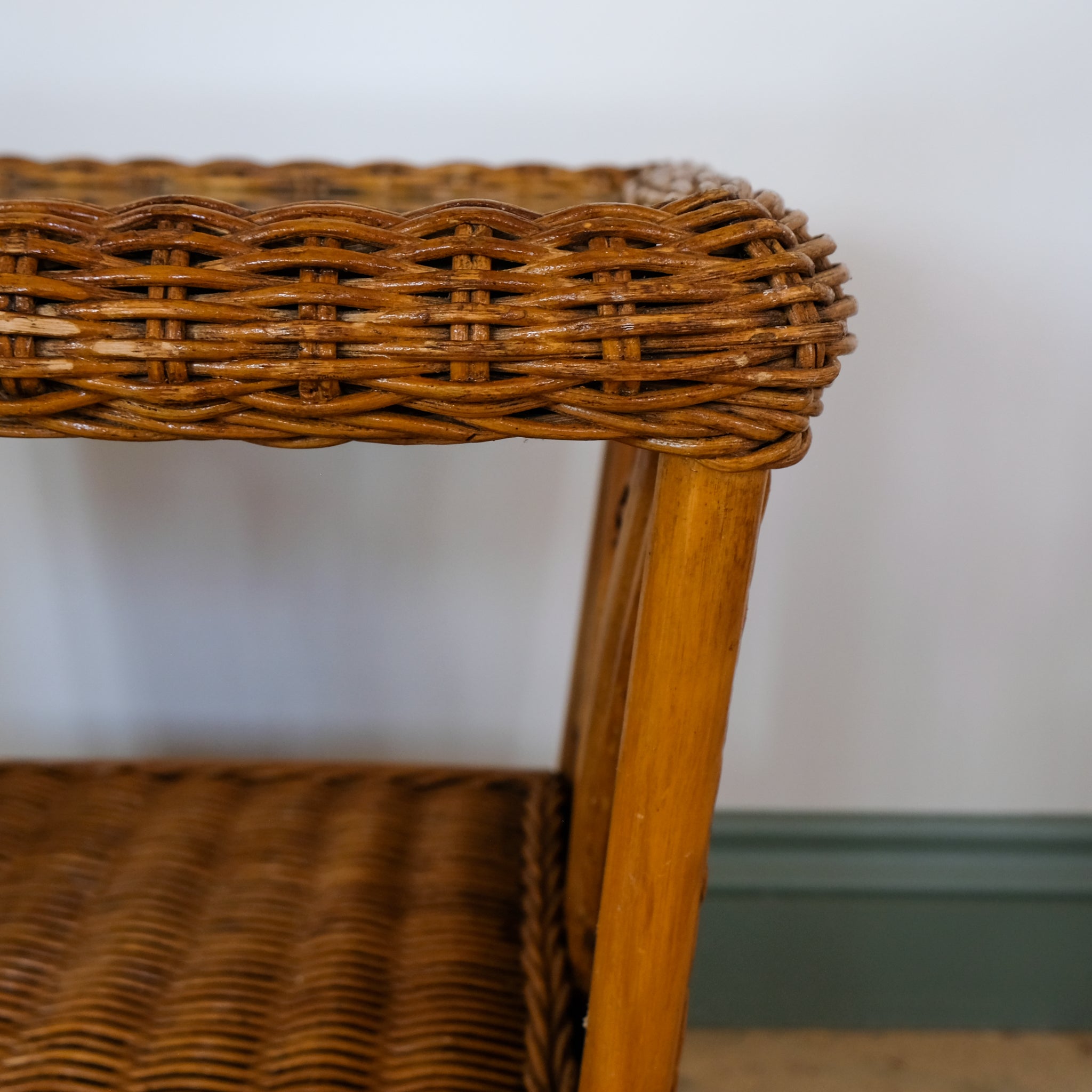 MID CENTURY RATTAN AND WICKER TWO TIER SIDE TABLE