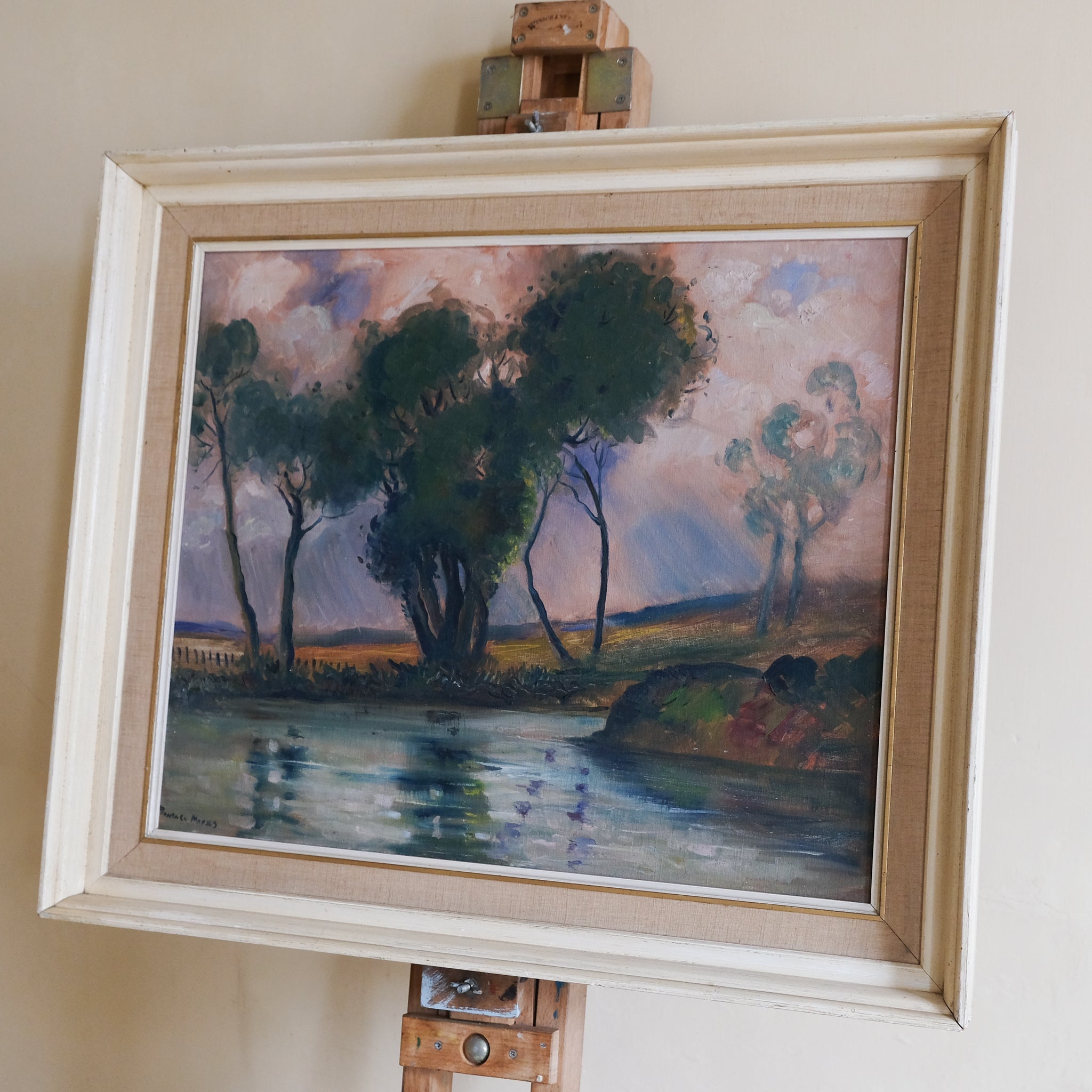 RIVER LANDSCAPE WITH TREES AND REFLECTIONS