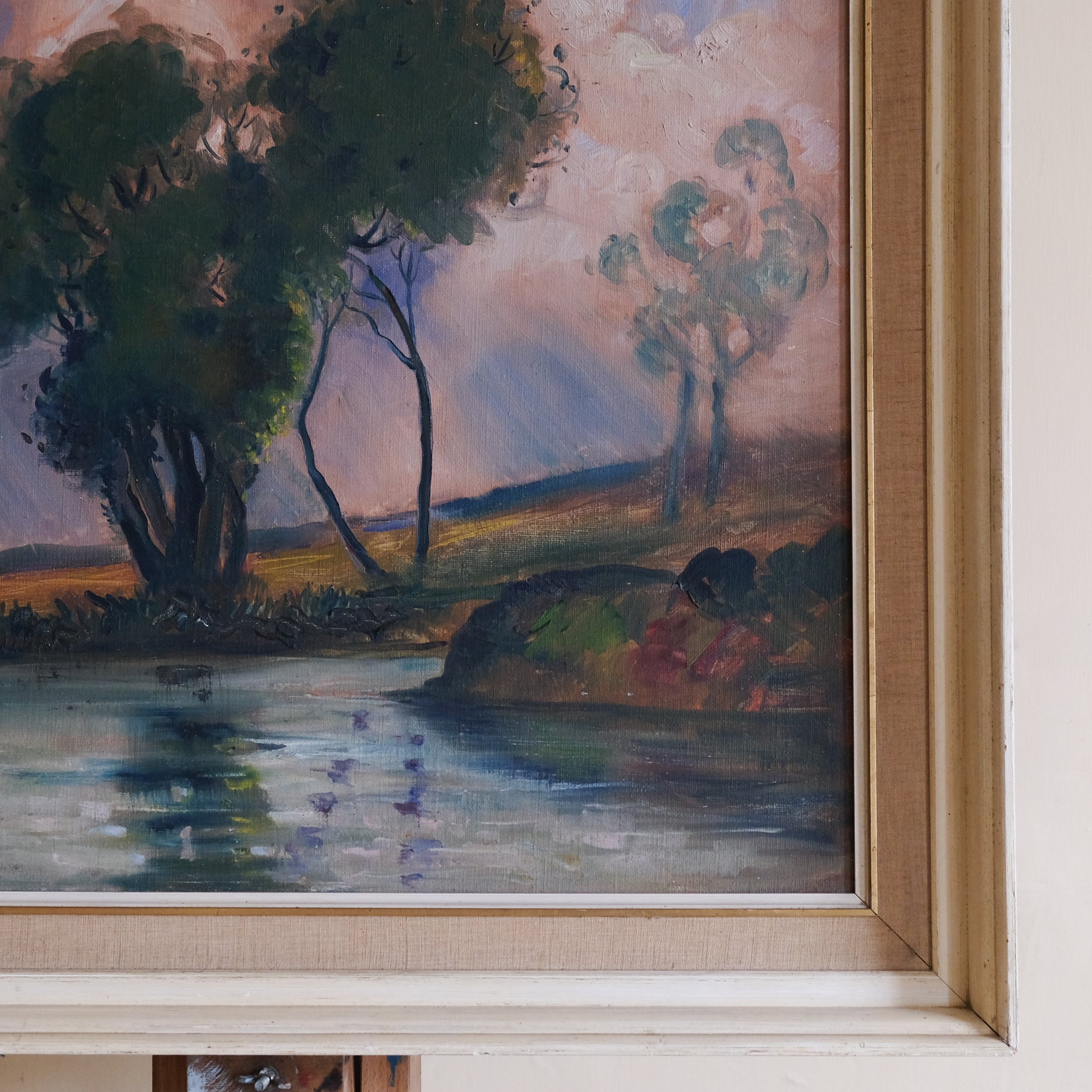 RIVER LANDSCAPE WITH TREES AND REFLECTIONS