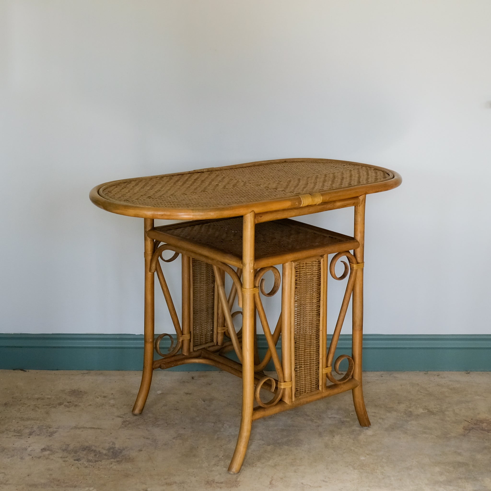MID CENTURY BAMBOO AND BENT CANE BISTRO CONSOLE TABLE