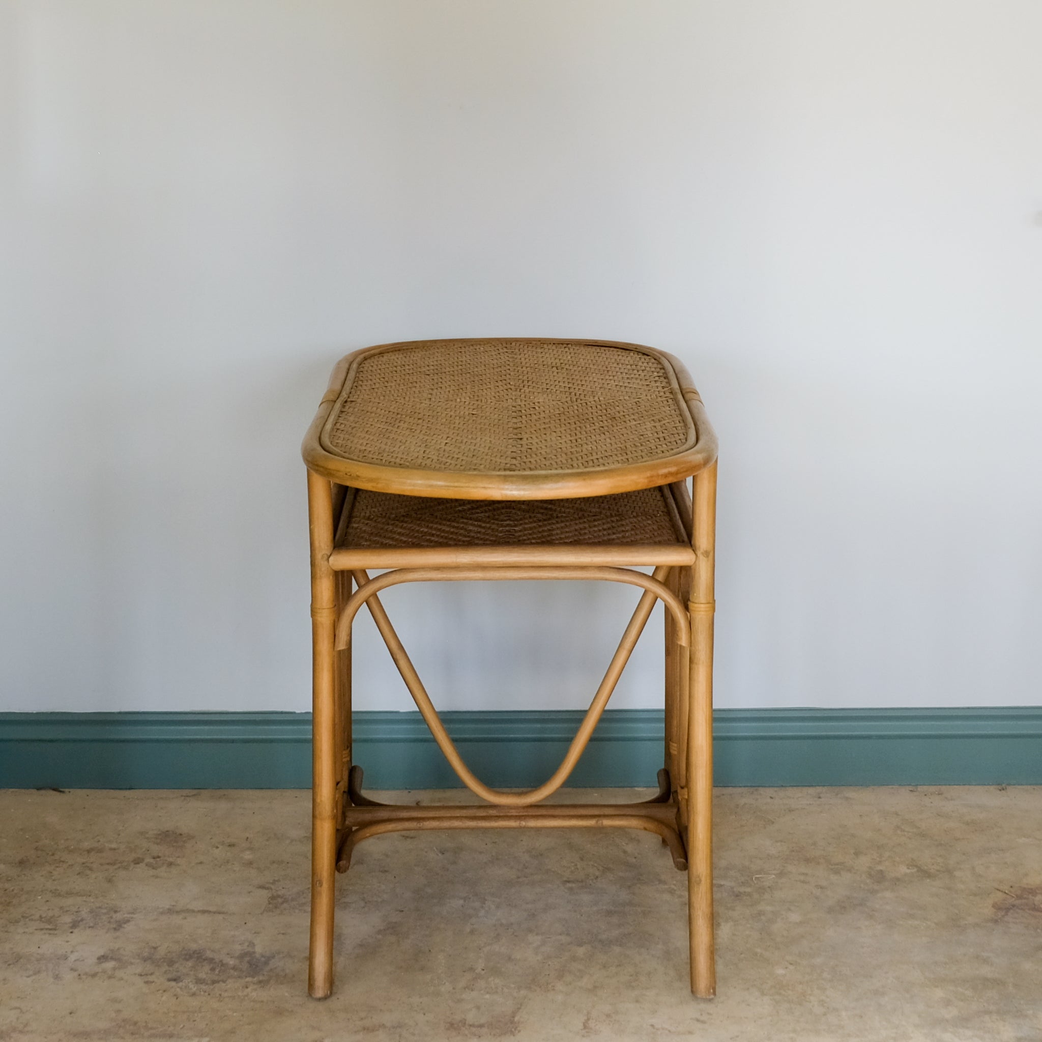 MID CENTURY BAMBOO AND BENT CANE BISTRO CONSOLE TABLE