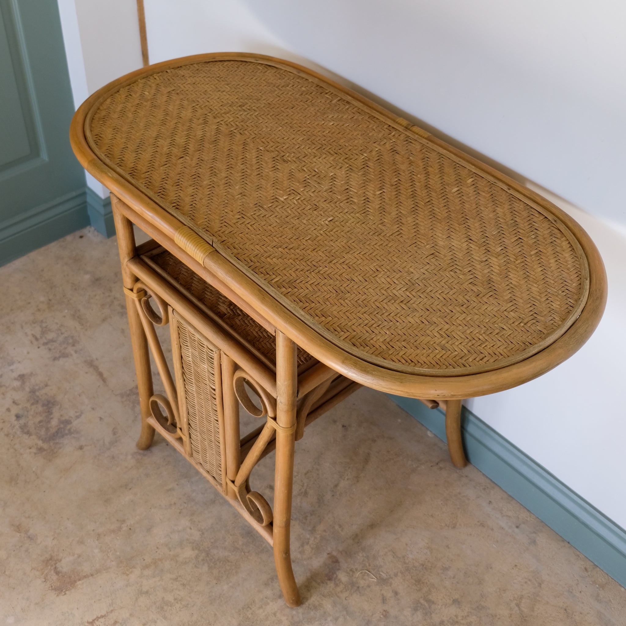 MID CENTURY BAMBOO AND BENT CANE BISTRO CONSOLE TABLE