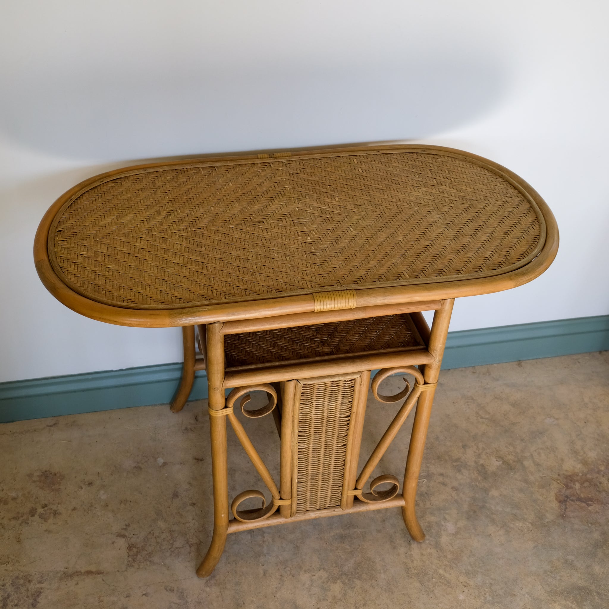 MID CENTURY BAMBOO AND BENT CANE BISTRO CONSOLE TABLE