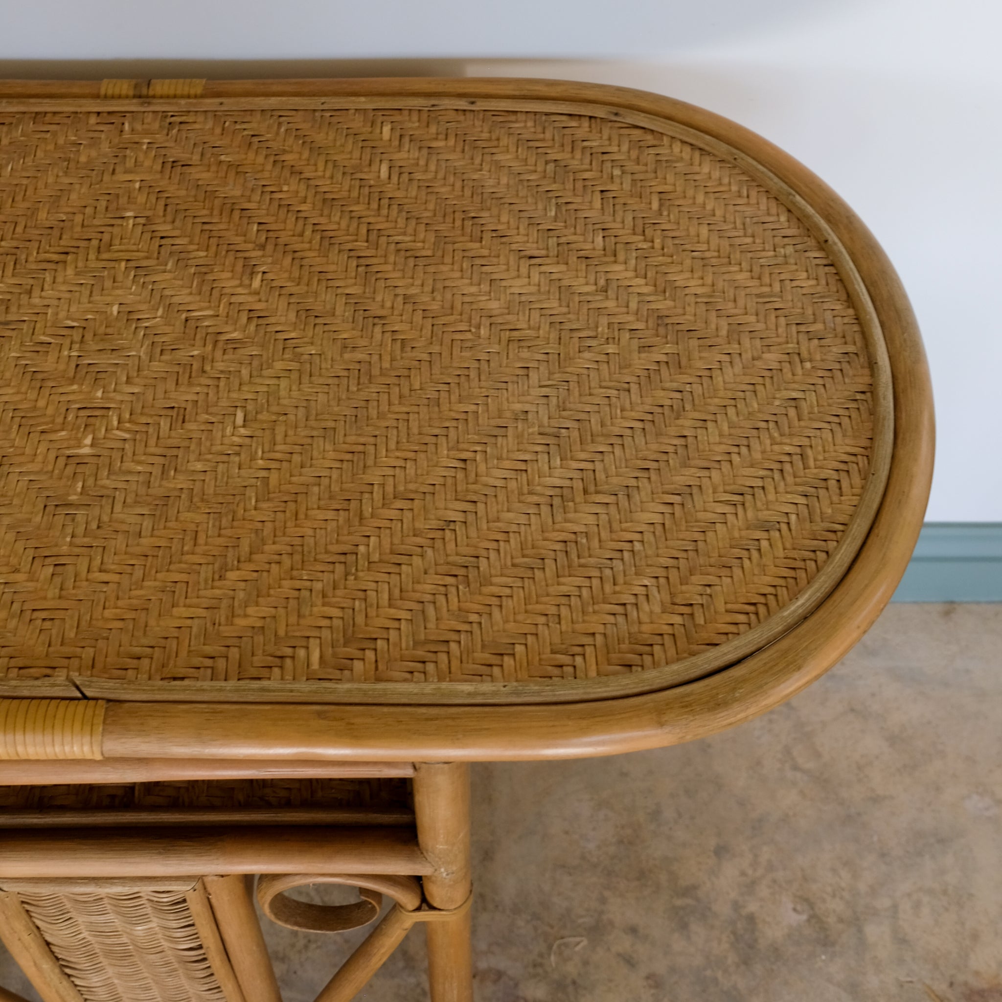 MID CENTURY BAMBOO AND BENT CANE BISTRO CONSOLE TABLE
