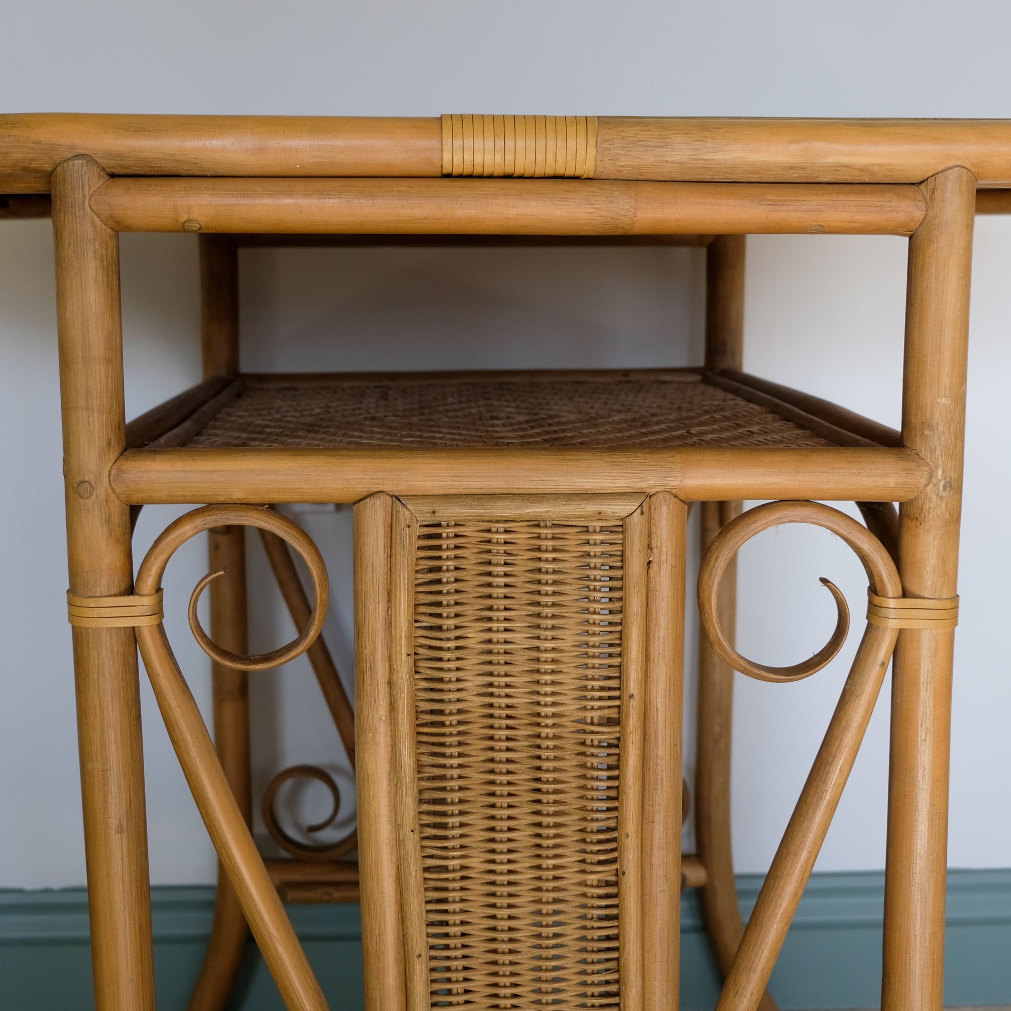 MID CENTURY BAMBOO AND BENT CANE BISTRO CONSOLE TABLE