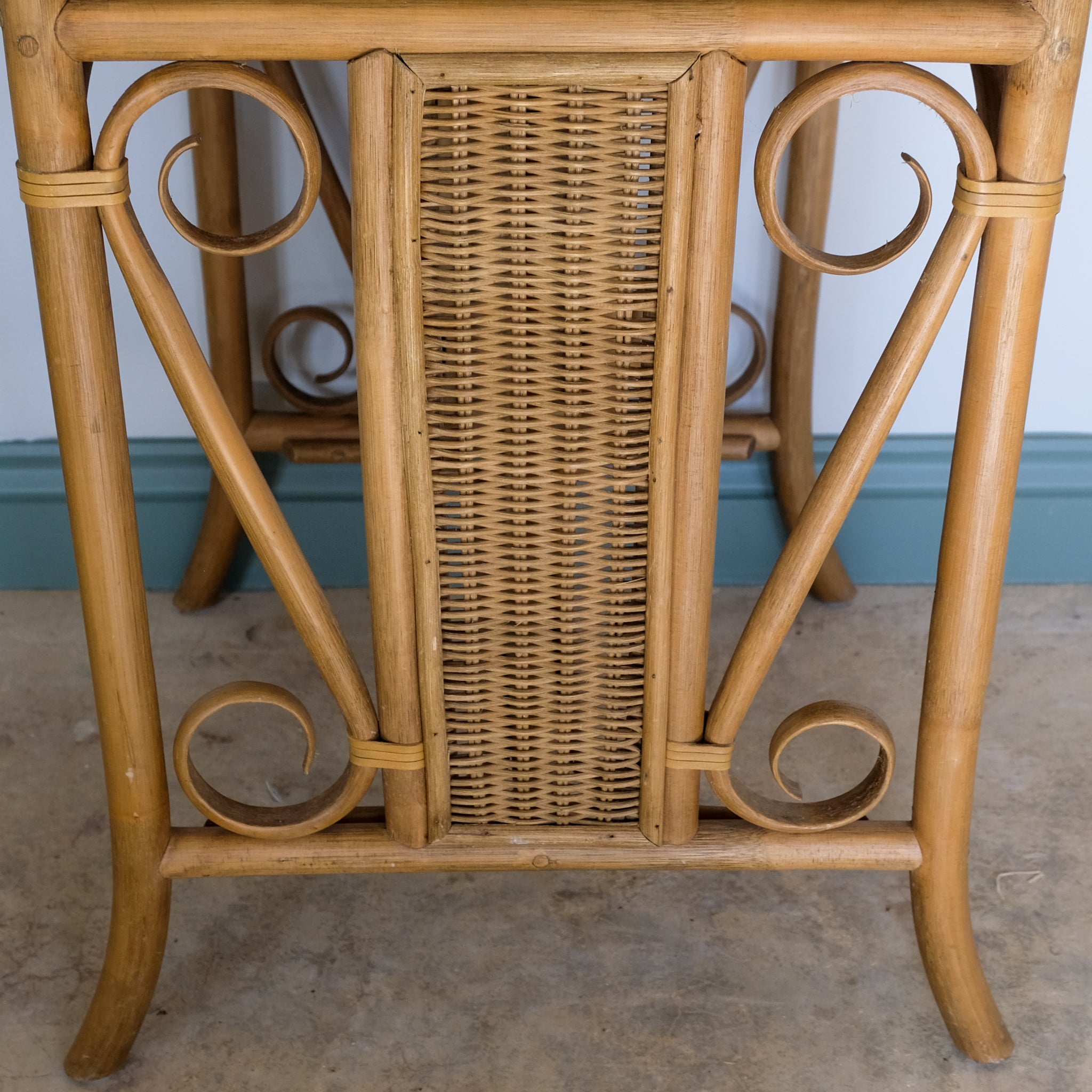 MID CENTURY BAMBOO AND BENT CANE BISTRO CONSOLE TABLE